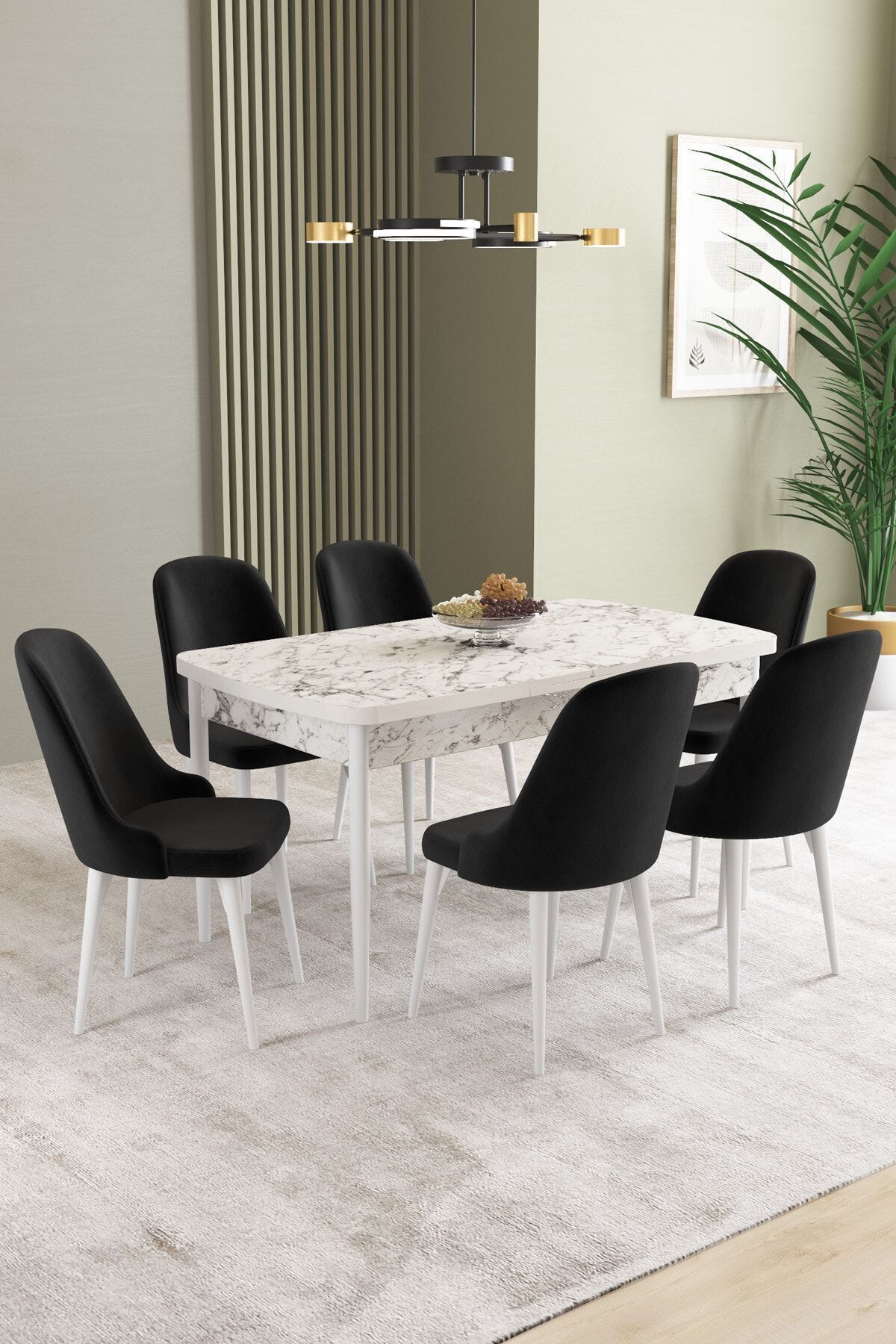 hoopsii Ikon Beyaz Mermer Desen 80x132 Mdf Açılabilir Mutfak Masası Takımı 6 Adet Sandalye
