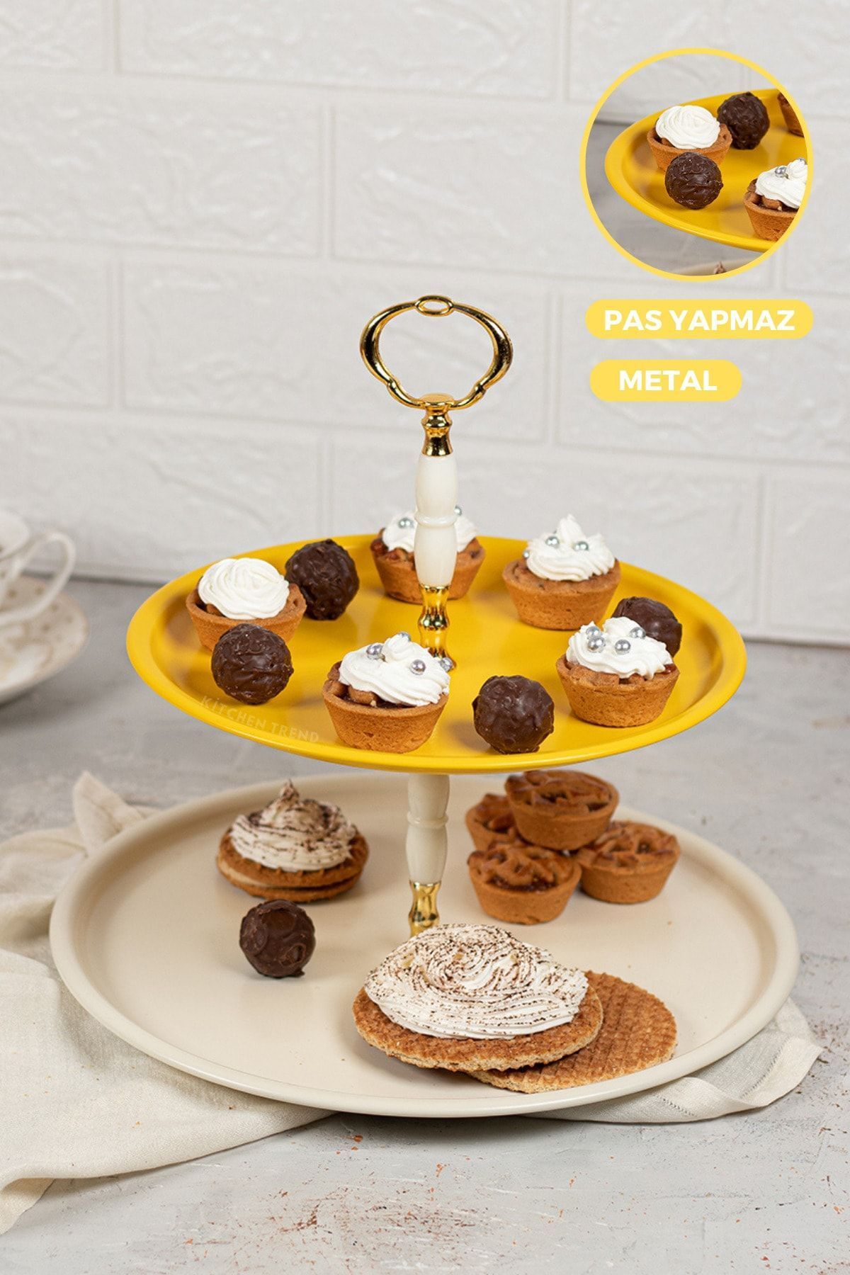 kitchen trend Metal 2 Katlı Gold Elegance Sarı Kek Pasta Sunumluk Standı