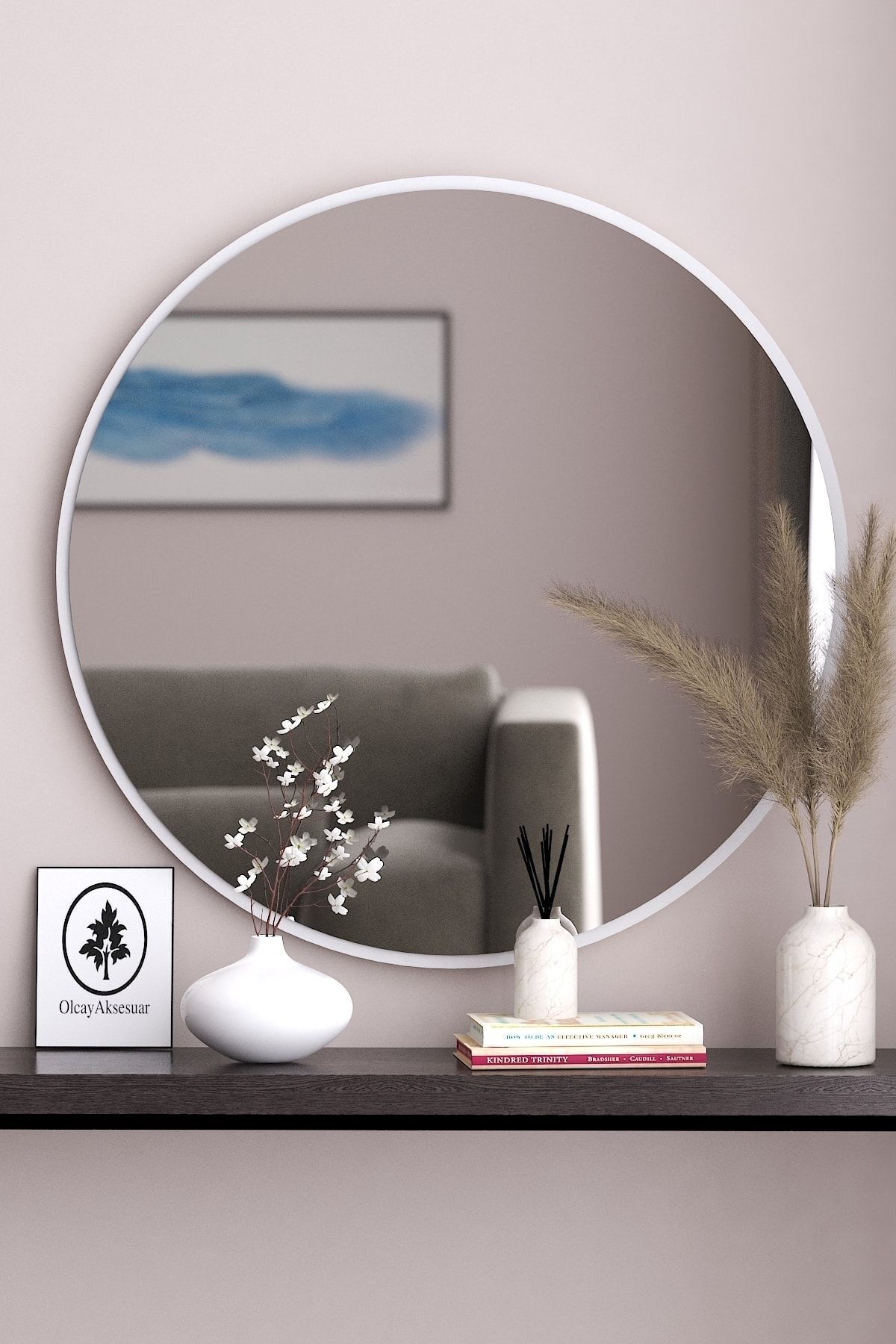 OlcayAksesuar Beyaz Dekoratif 58cm Yuvarlak Ayna Antre Hol Koridor Duvar Aynası Salon Mutfak Banyo Wc Ofis Aynası