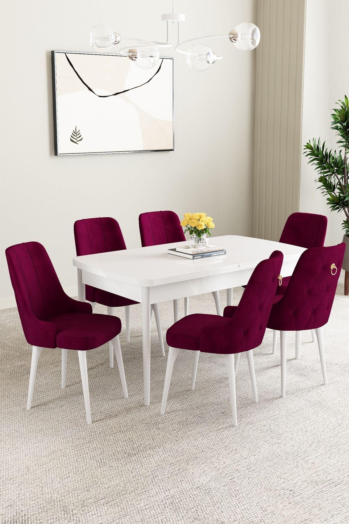 hoopsii Clara Beyaz 80x132 Açılabilir Mutfak Masası Takımı 6 Adet Sandalye