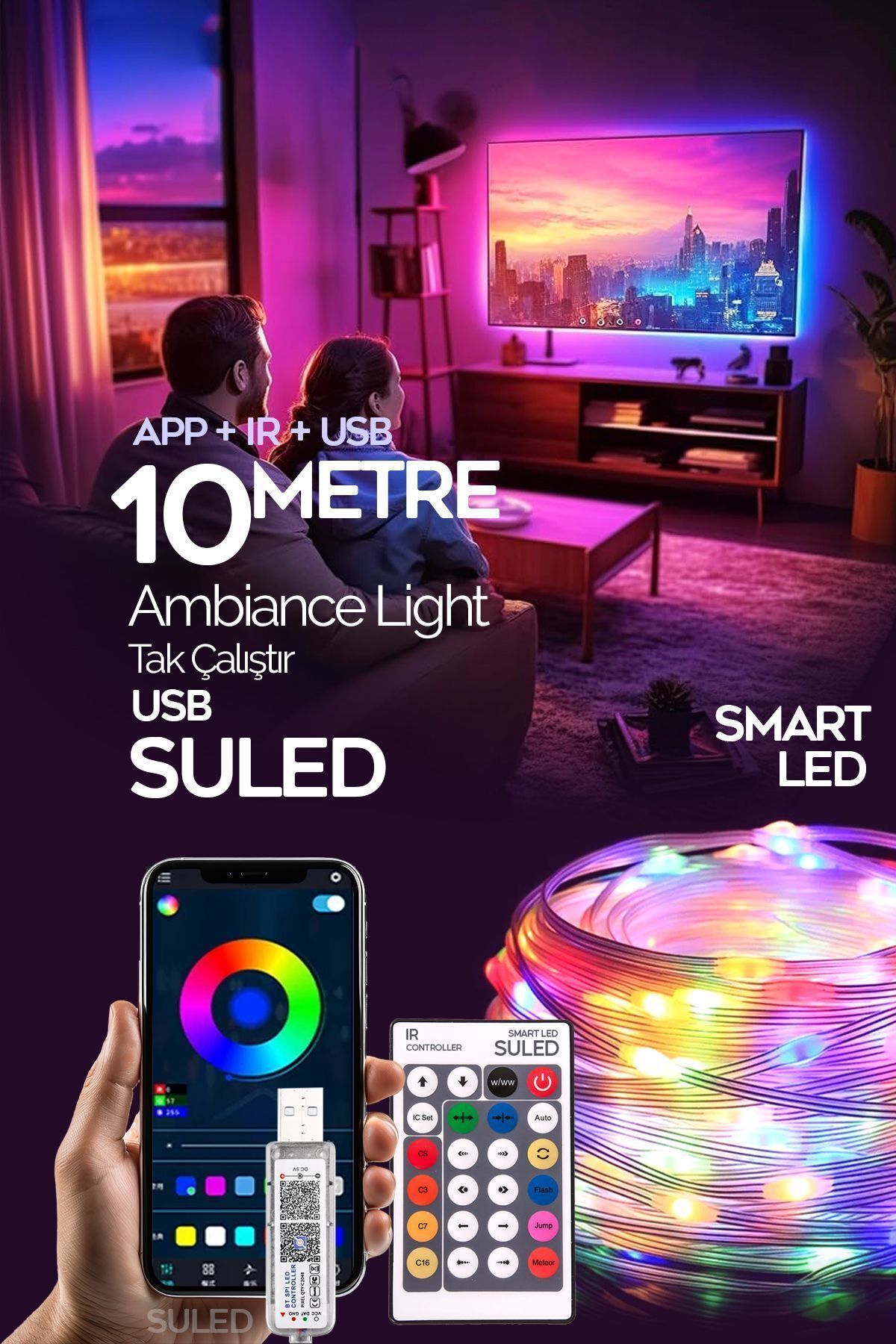 SULED Tv Arkası 10 Metre Bluetooth Telefon Kontrollü Smart Şerit Led Sese Duyarlı Kumandalı Led Işık