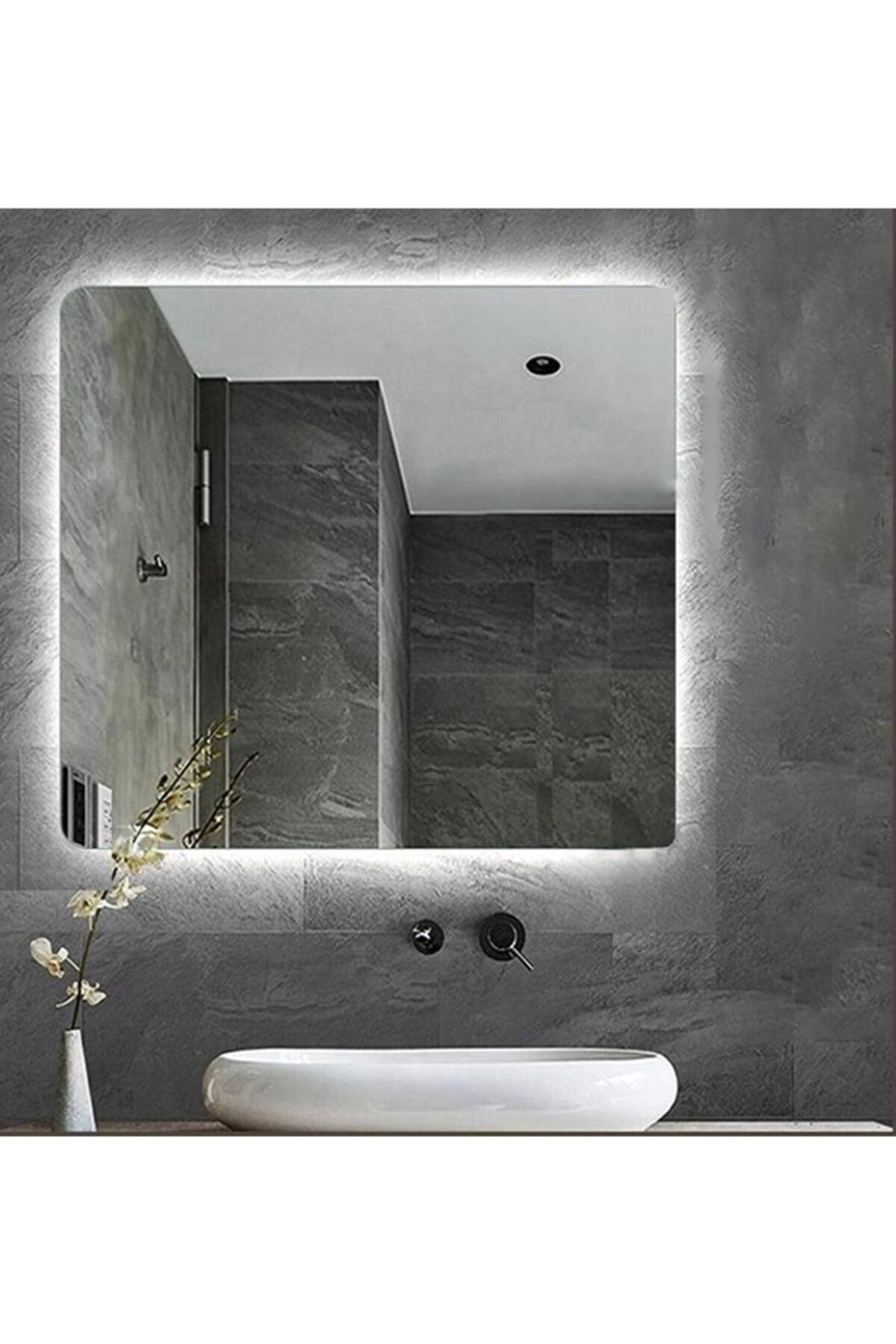 Toprak dekor 70*70 Beyaz Ledli Ayna Kare Banyo Aynası Makyaj Aynası