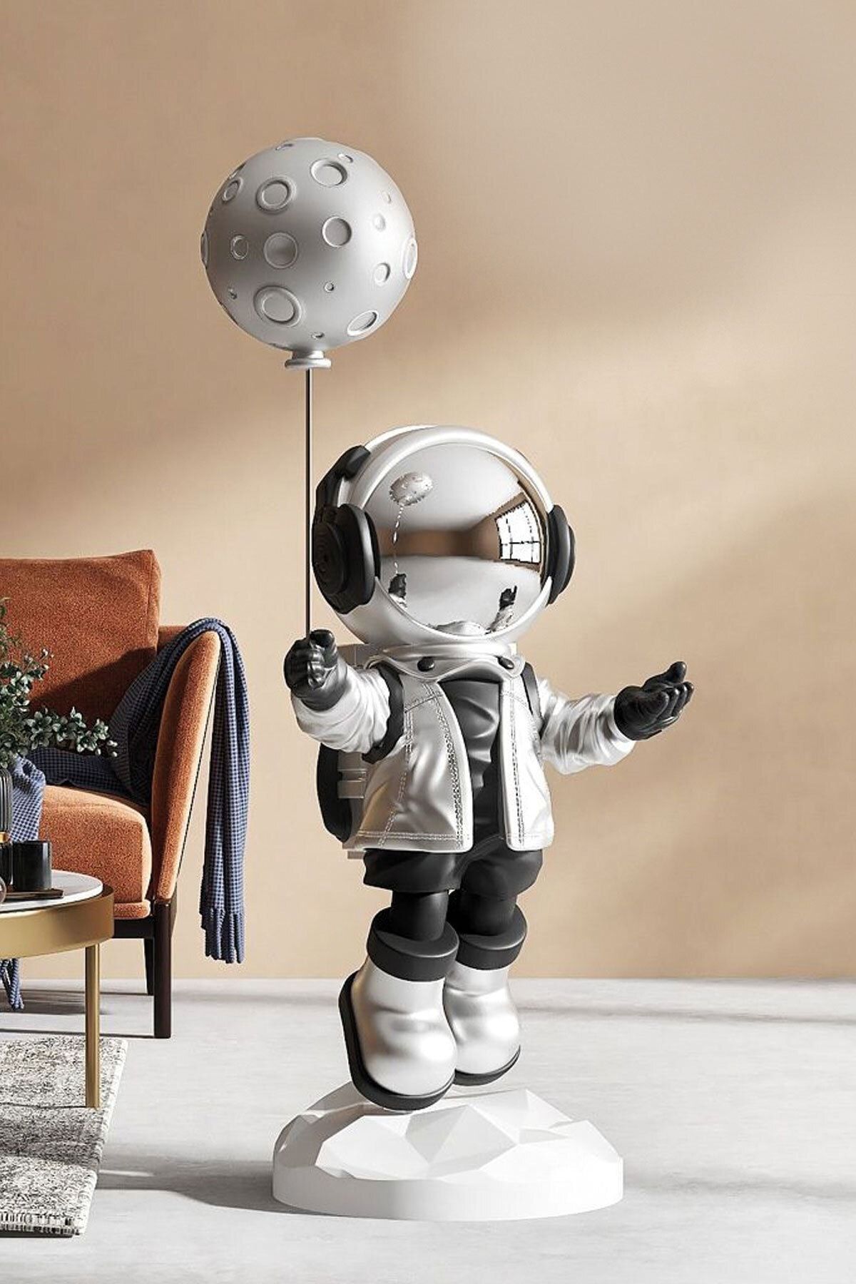 AsilAksesuar Polikarbon Polyester Balonlu Astronot Gümüş Heykeli Ev Ofis Mağaza Dekorasyon Aksesuar Objesi