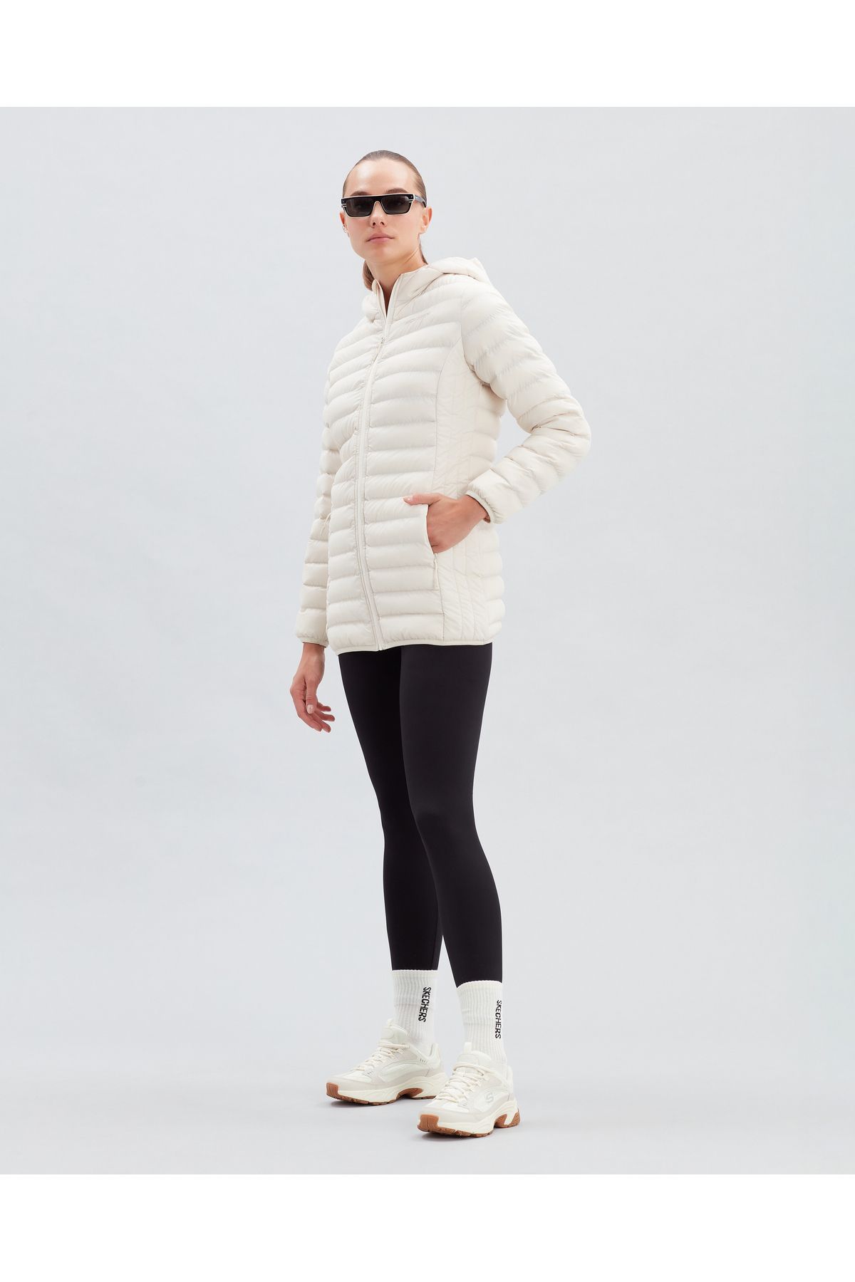 Skechers W Essential Midi Length Hooded Jacket Kadın Beyaz Mont S212276-102