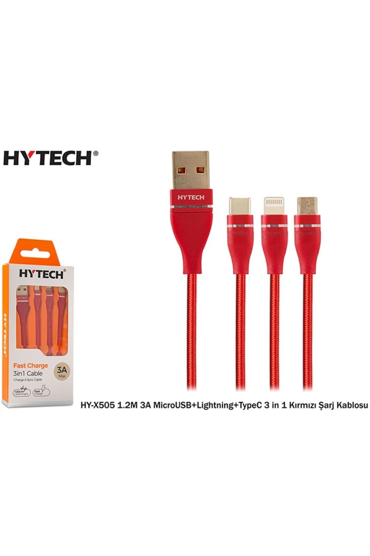 Hytech Hy-x505 1.2m 3a Mıcro Usb + Lıghtnıng + Type C 3'in Kırmız
