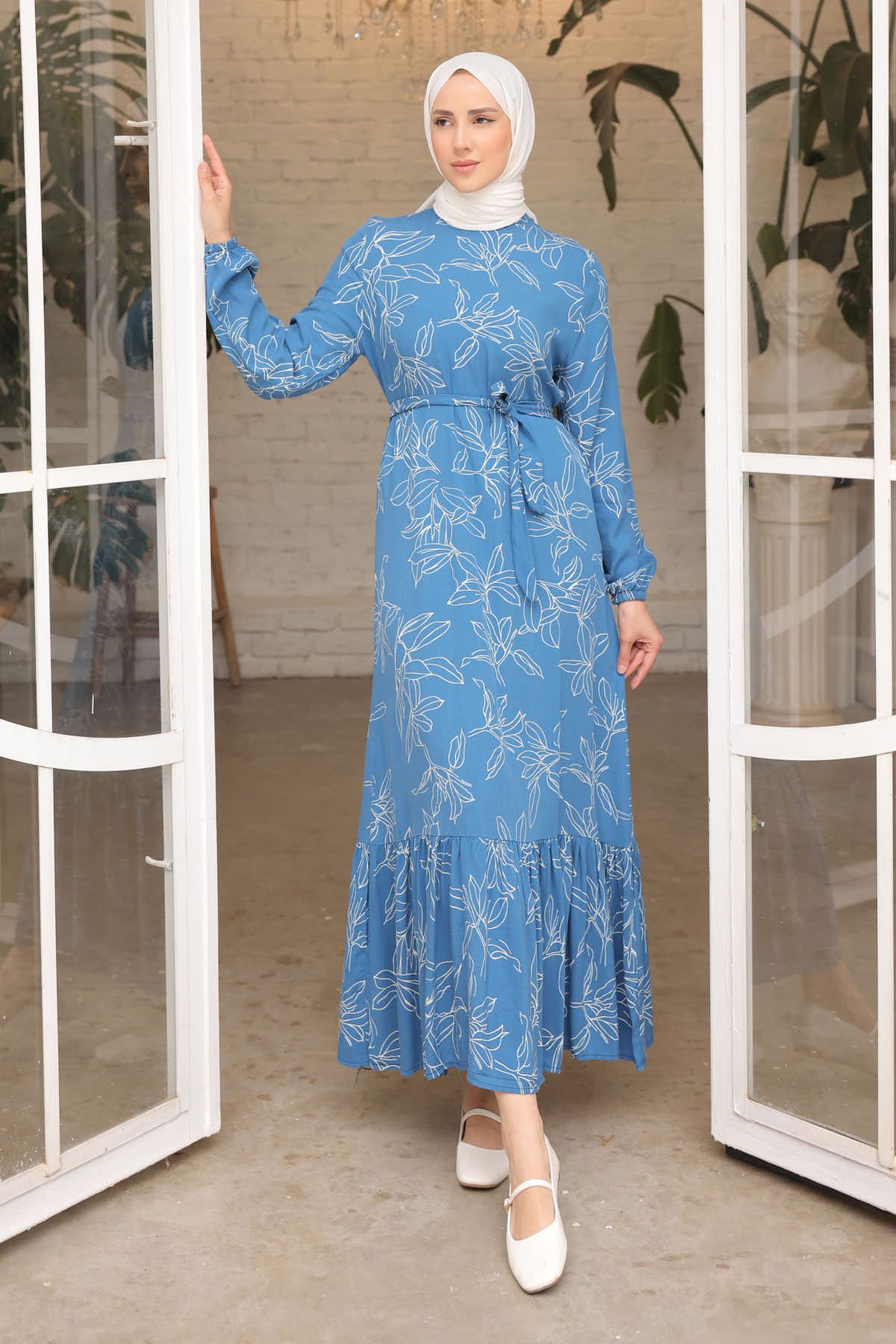 İmajButik İndigo Eteği Katlı Kol Lastikli Desenli Viscon Elbise