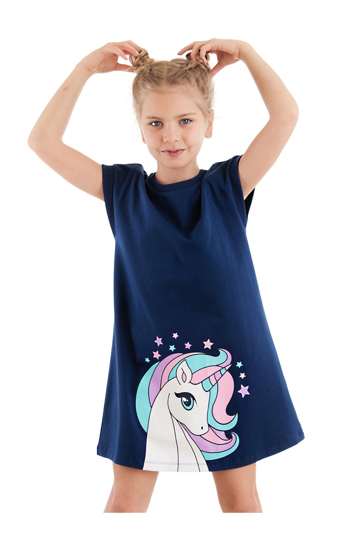 Denokids Kız Çocuk Elbise Unicorn Kiz Cocuk Günlük Elbise Lacivert