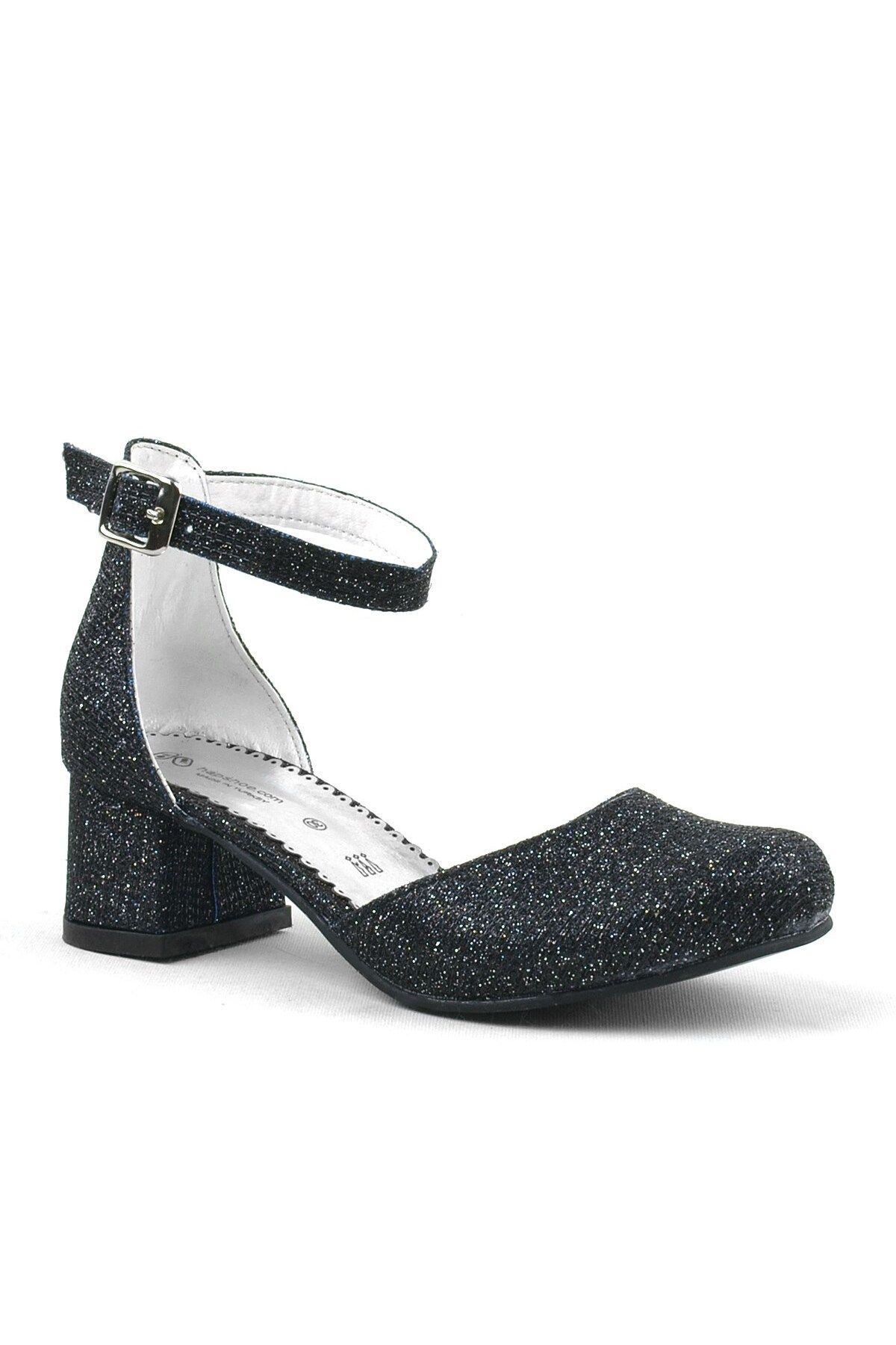 hapshoe Merida Siyah Simli Kalın Topuklu Kız Çocuk Topuklu Ayakkabı