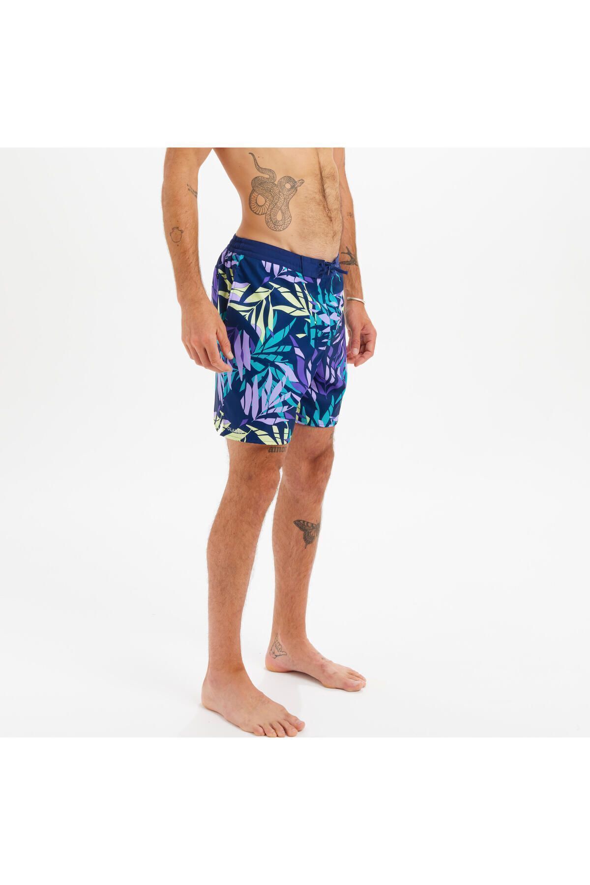 Decathlon Erkek Uzun Deniz Şortu - Mor - Palmiye Desenli - 100 LONG
