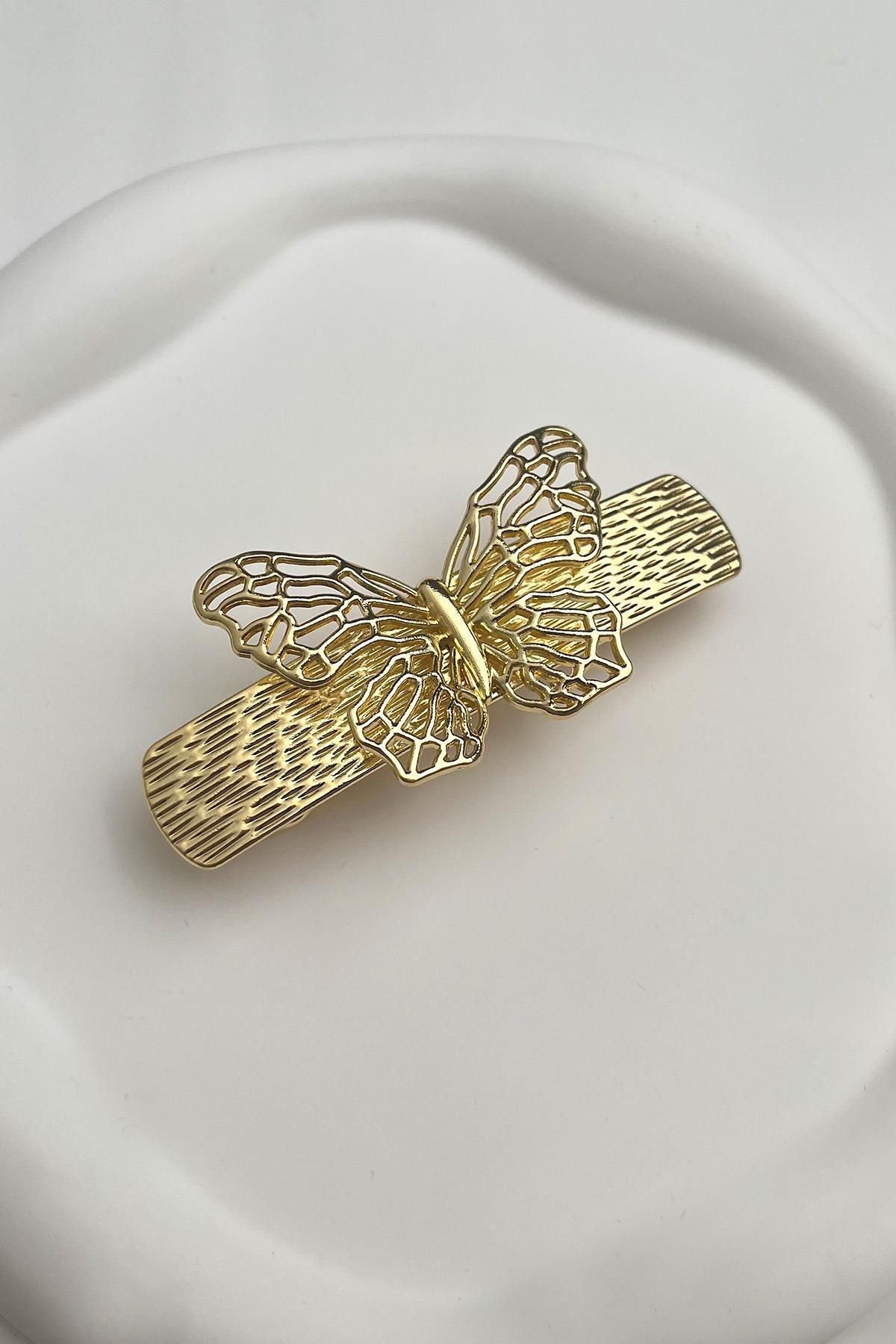 Modex Altın Rengi Kelebek Figürlü Otomatik Toka (Ölçü:8 cm)