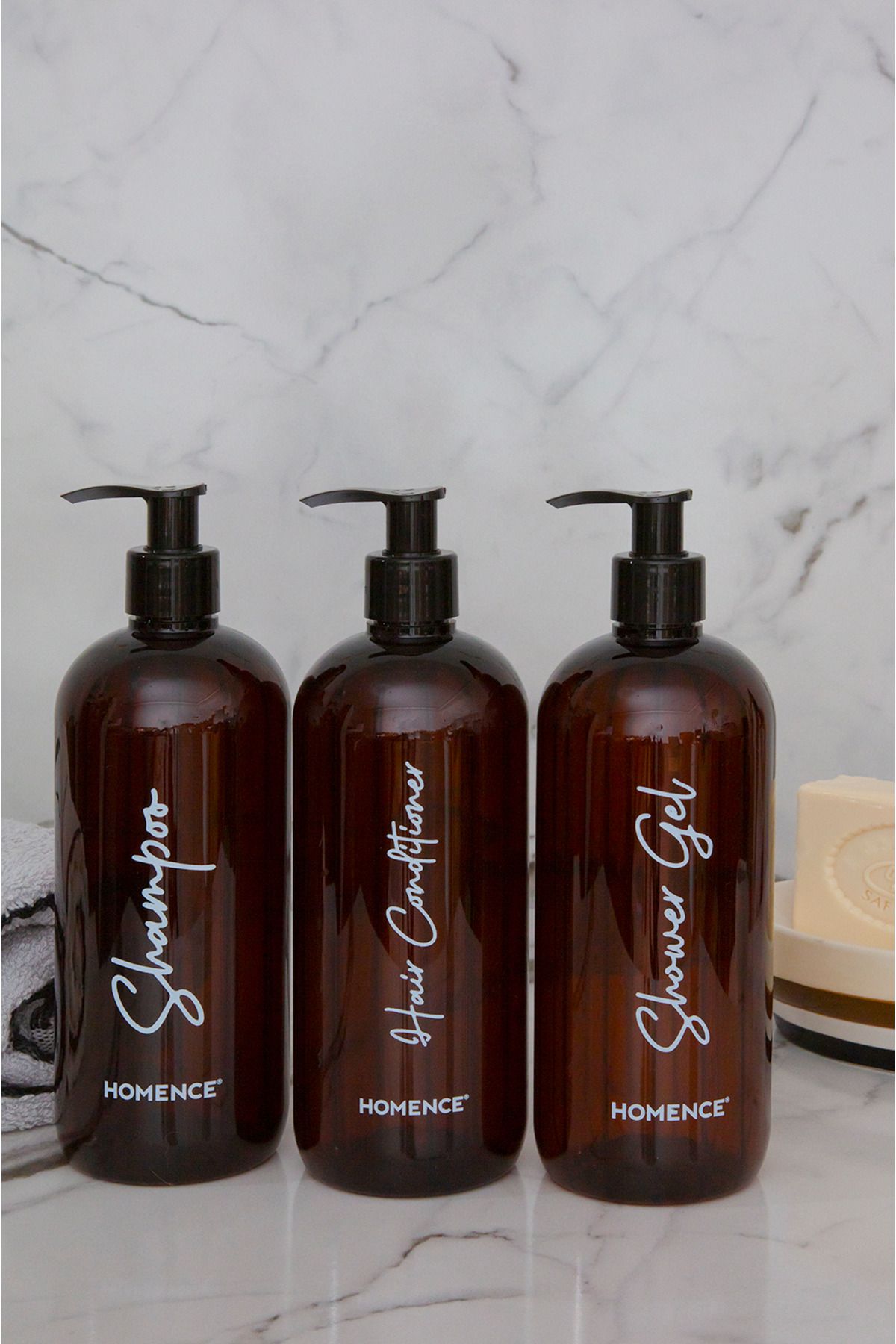 homence Şampuan Duş Jeli Saç Kremi Baskılı Plastik Şişe Banyo Seti 3'lü Amber Sabunluk 500 ml