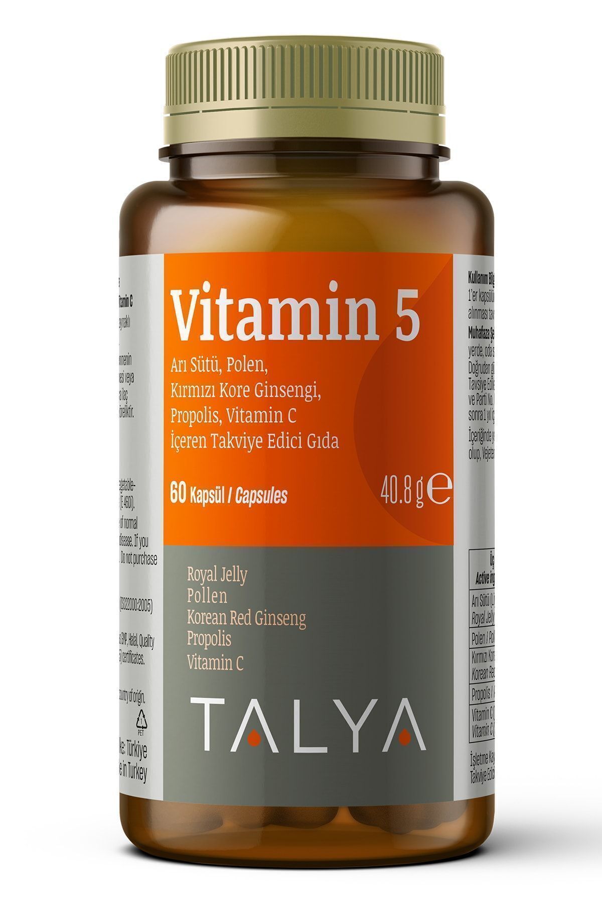 Talya Vitamin 5 Arı Sütü, Polen, Kırmızı Kore Ginsengi, Propolis, Vitamin C Içeren Takviye Edici Gıda