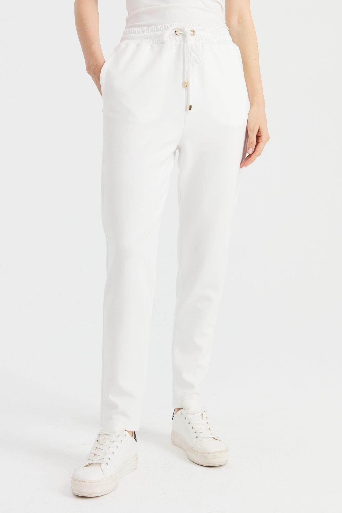 Desen Triko Kadın Cepli Eşofman Pantolon Beyaz