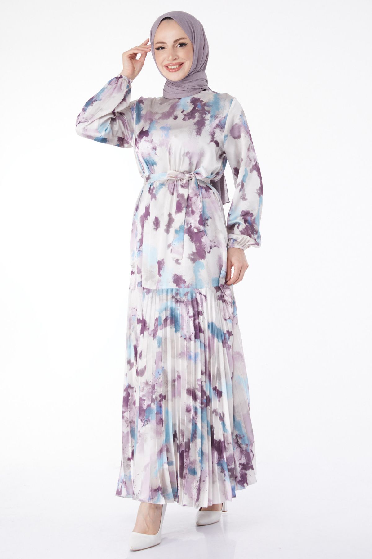 TOFİSA Düz Hakim Yaka Kadın Mavi Kuşaklı Desenli Elbise - 24862