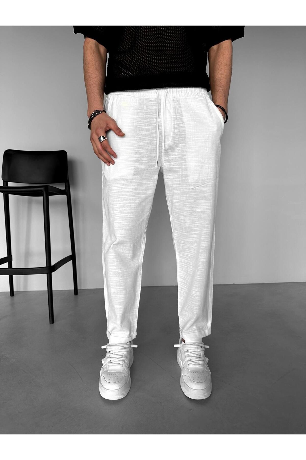 ablukaonline Rahat Kalıp Pamuklu Serin Tutan Beli Lastikli Yazlık Keten Pantolon Beyaz