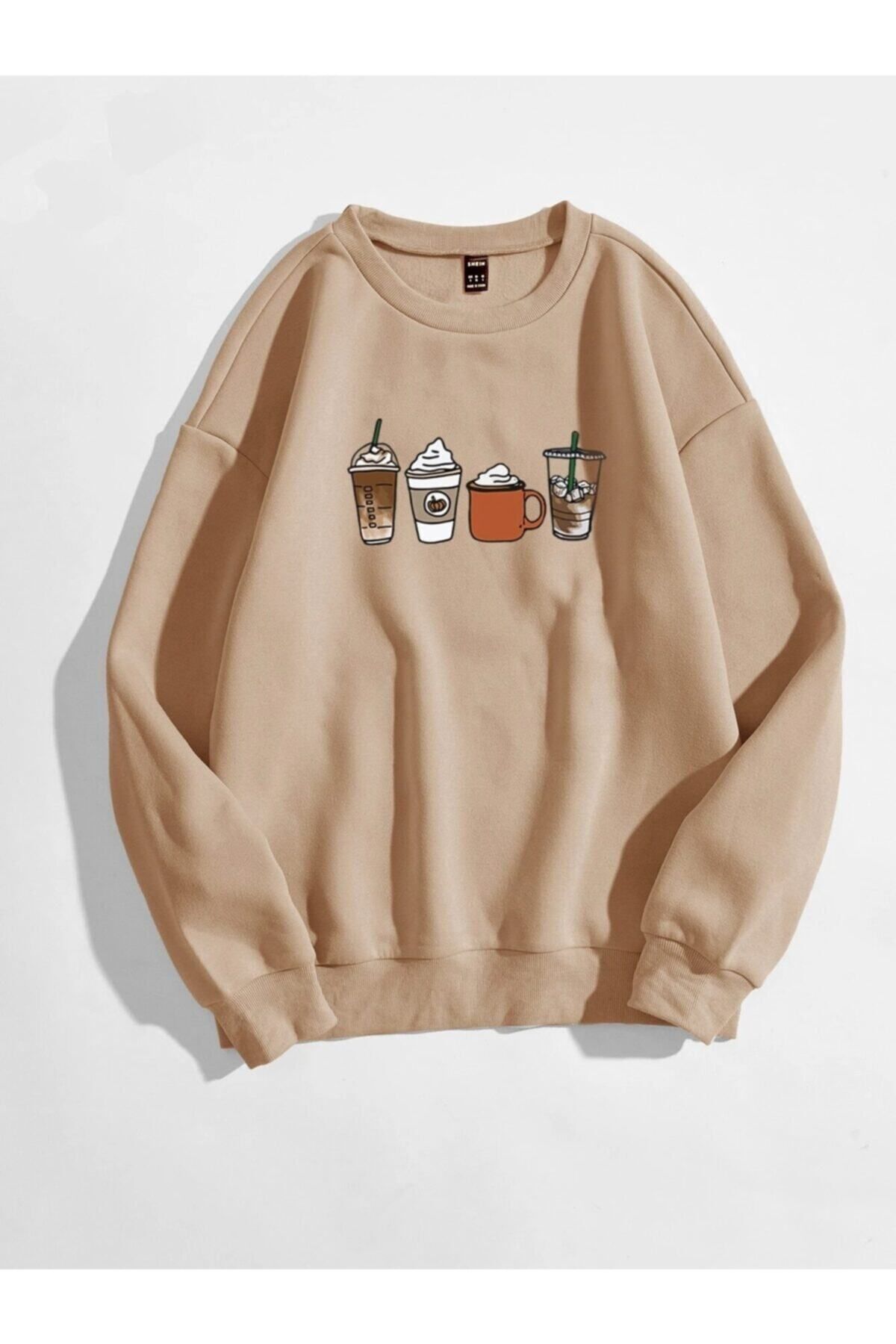 Know Kadın Vizon Oversize Coffee Baskılı Sweatshirt