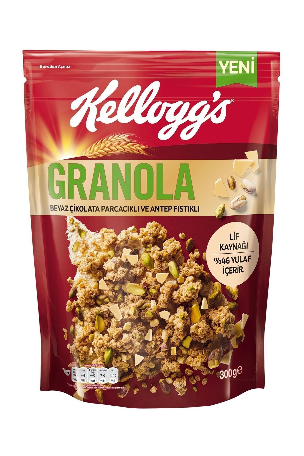 Kellogg's Granola Beyaz Çikolata Parçacıklı Ve Antep Fıstıklı 300 Gr, %46 Yulaf Içerir, Lif Kaynağı