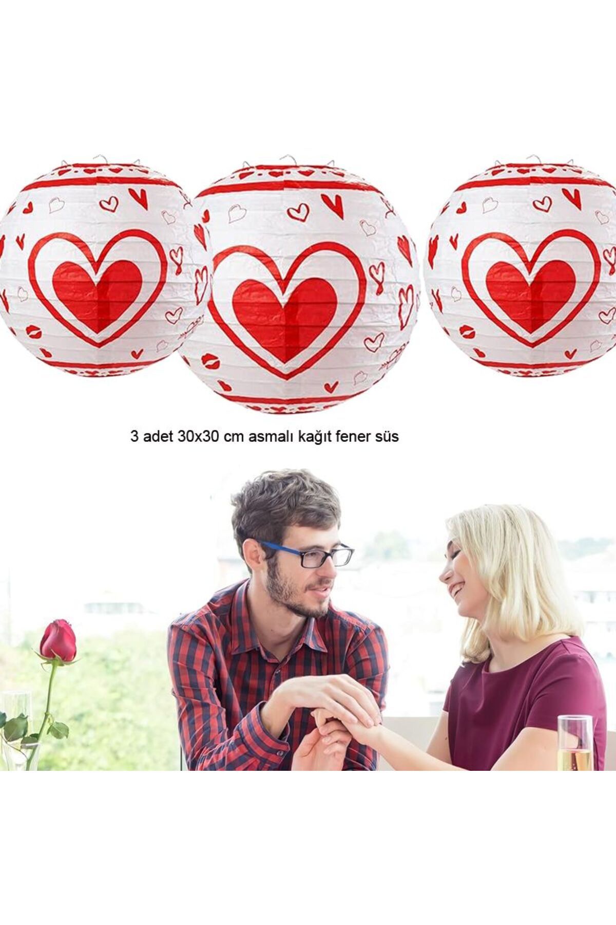 partidolu 30 Cm Beyaz Kırmızı Renk Kalpli Sevgililer Günü Kağıt Fener 1 Adet
