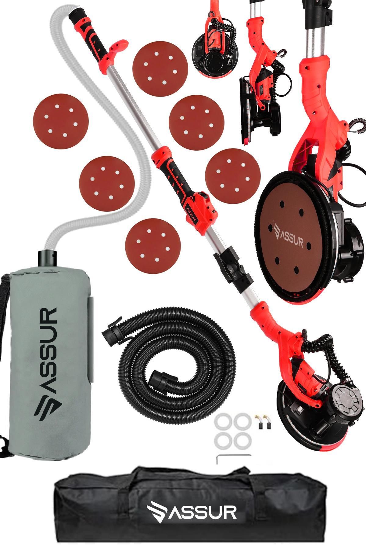 ASSUR 360'Ledli 850W Pro Alçıpan Duvar Zımpara Makinası Toz Emmeli Kırmızı