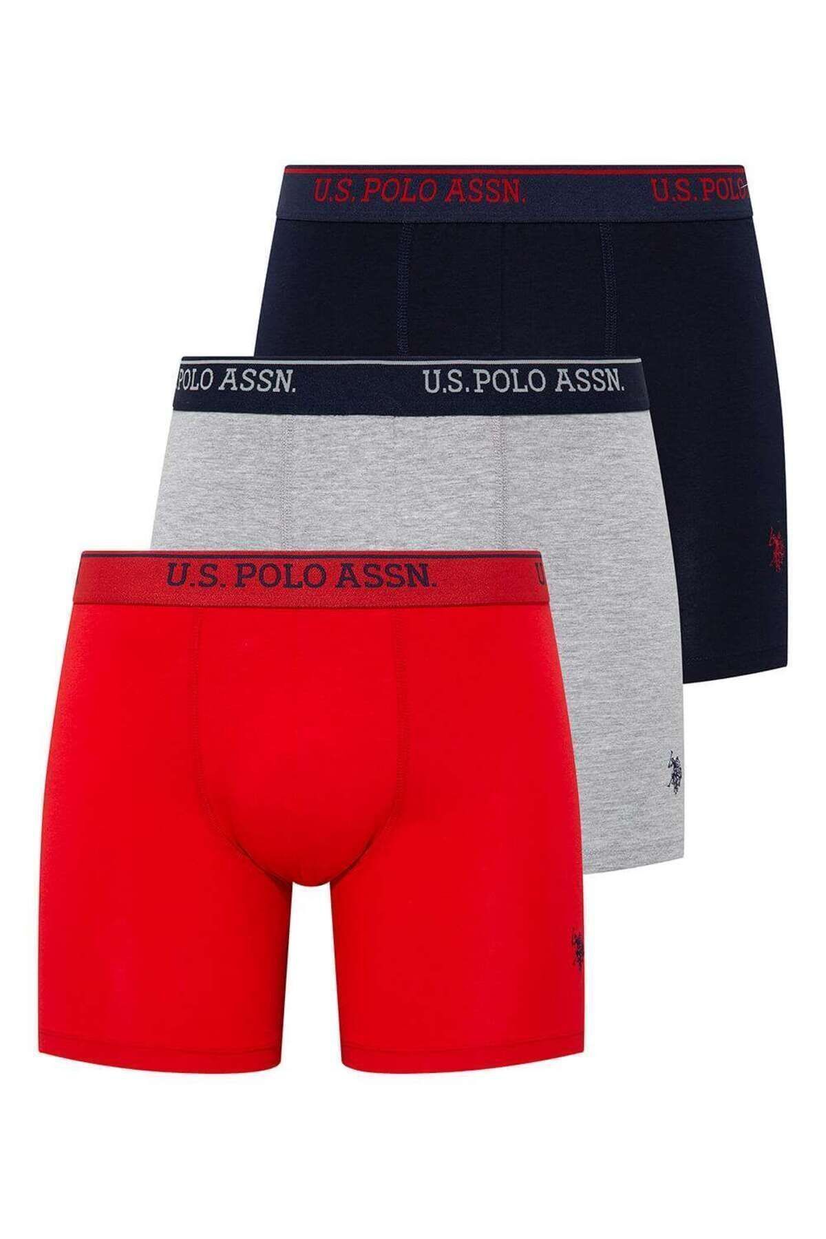 U.S. Polo Assn. Erkek Kırmızı - Gri Melanj - Lacivert 3 Lü Uzun Paçalı Boxer 80454