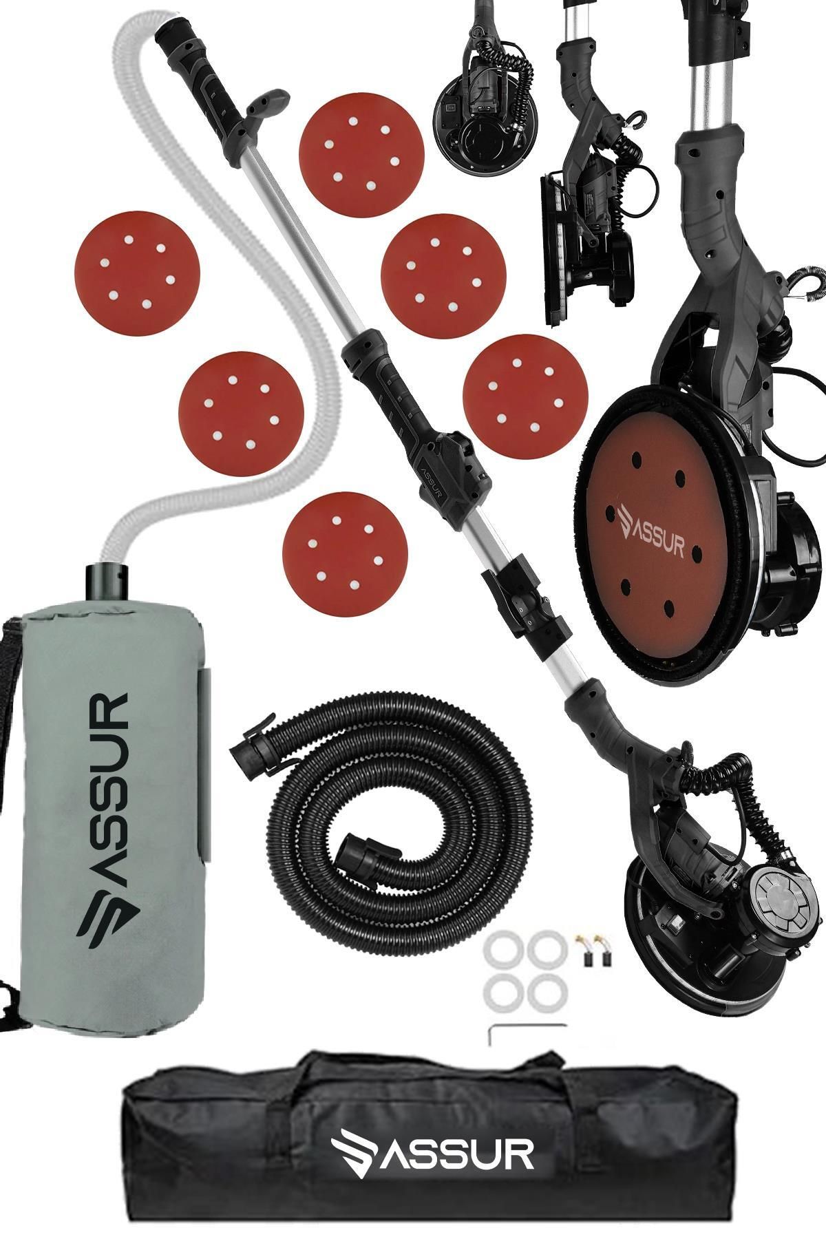 ASSUR 360'Ledli 850W Pro Alçıpan Duvar Zımpara Makinası Toz Emmeli Siyah