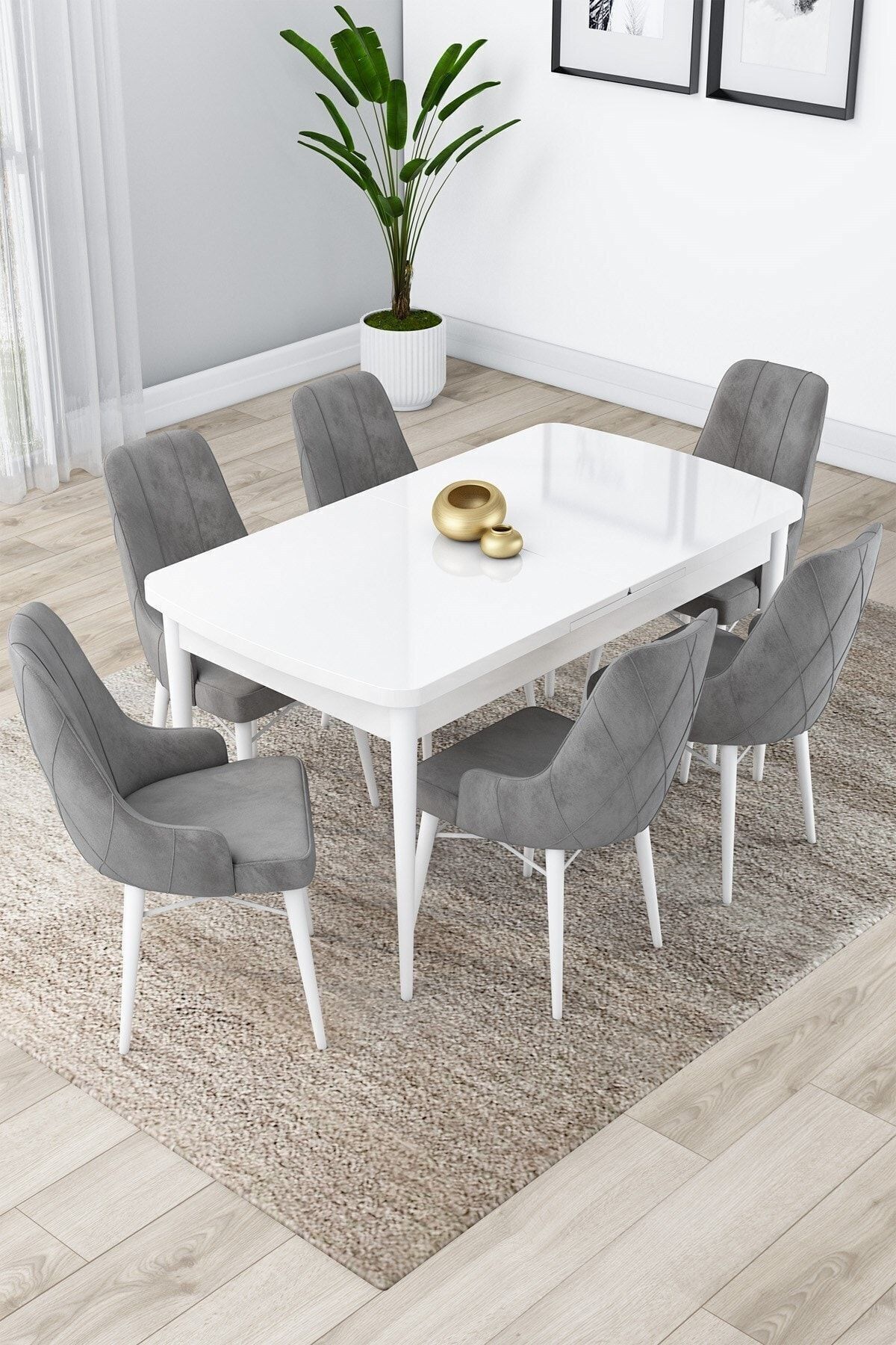 Canisa Lia Serisi Beyaz Masa Açılabilir 80x132 Yemek Masası Takımı 6 Kahve Sandalye