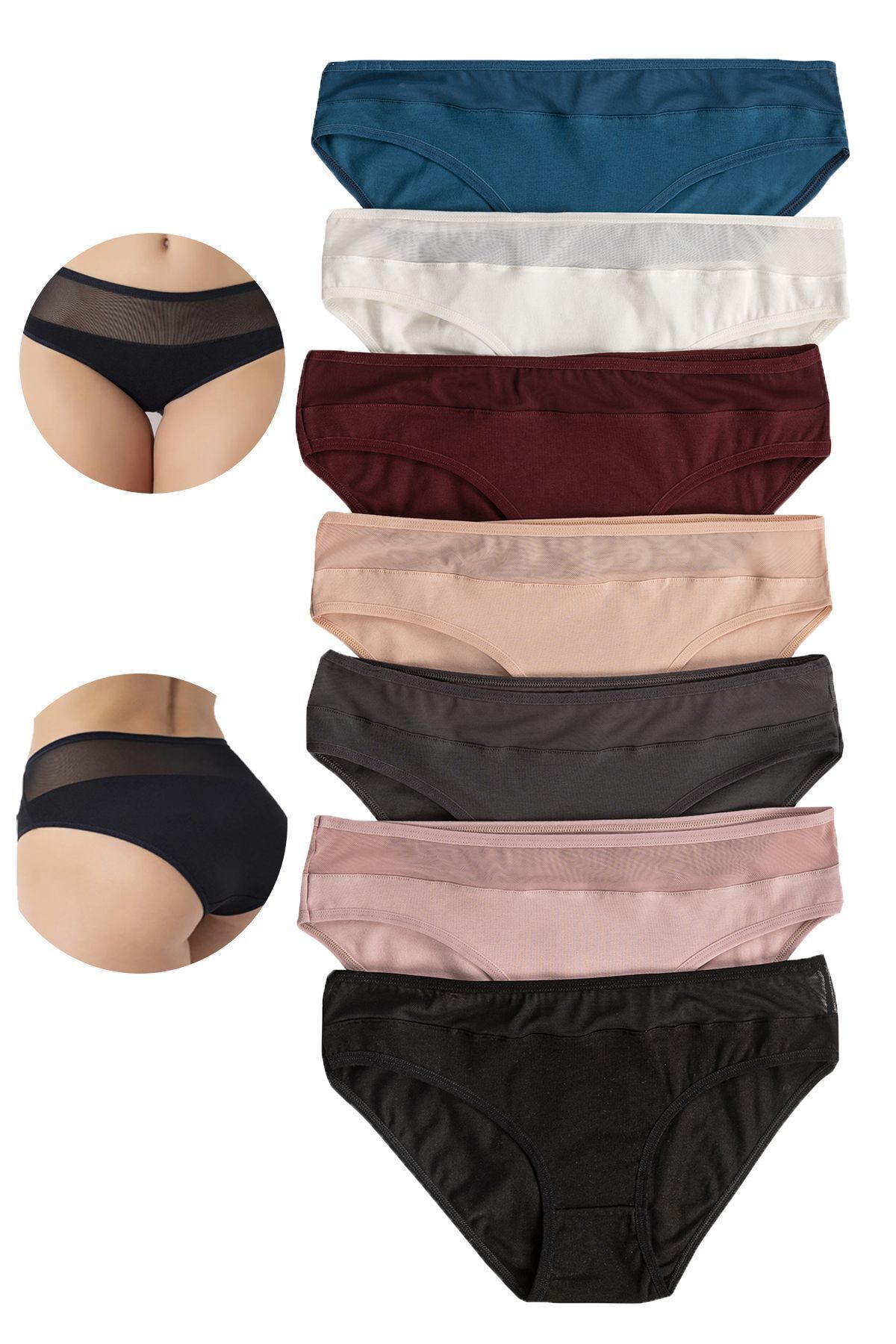 ÖZKAN underwear Özkan 26797 7'li Paket Kadın Bel Kısmı Tül Detaylı Likralı Pamuklu Esnek Rahat Slip Bikini Külot