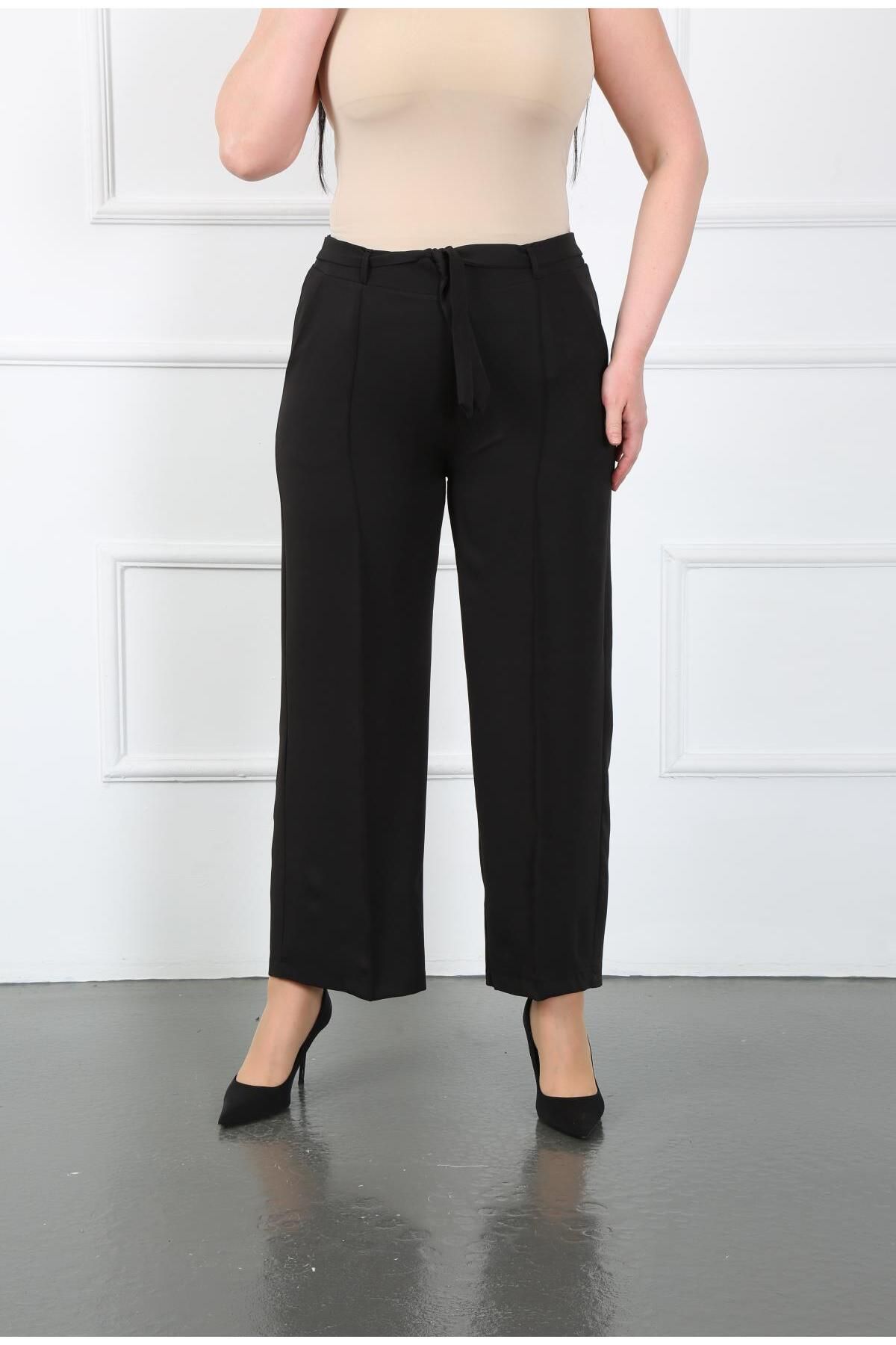 By Alba Collection Kadın Siyah Dabıl Kumaş Kemer Detay Beli Lastikli Geniş Paça Pantolon