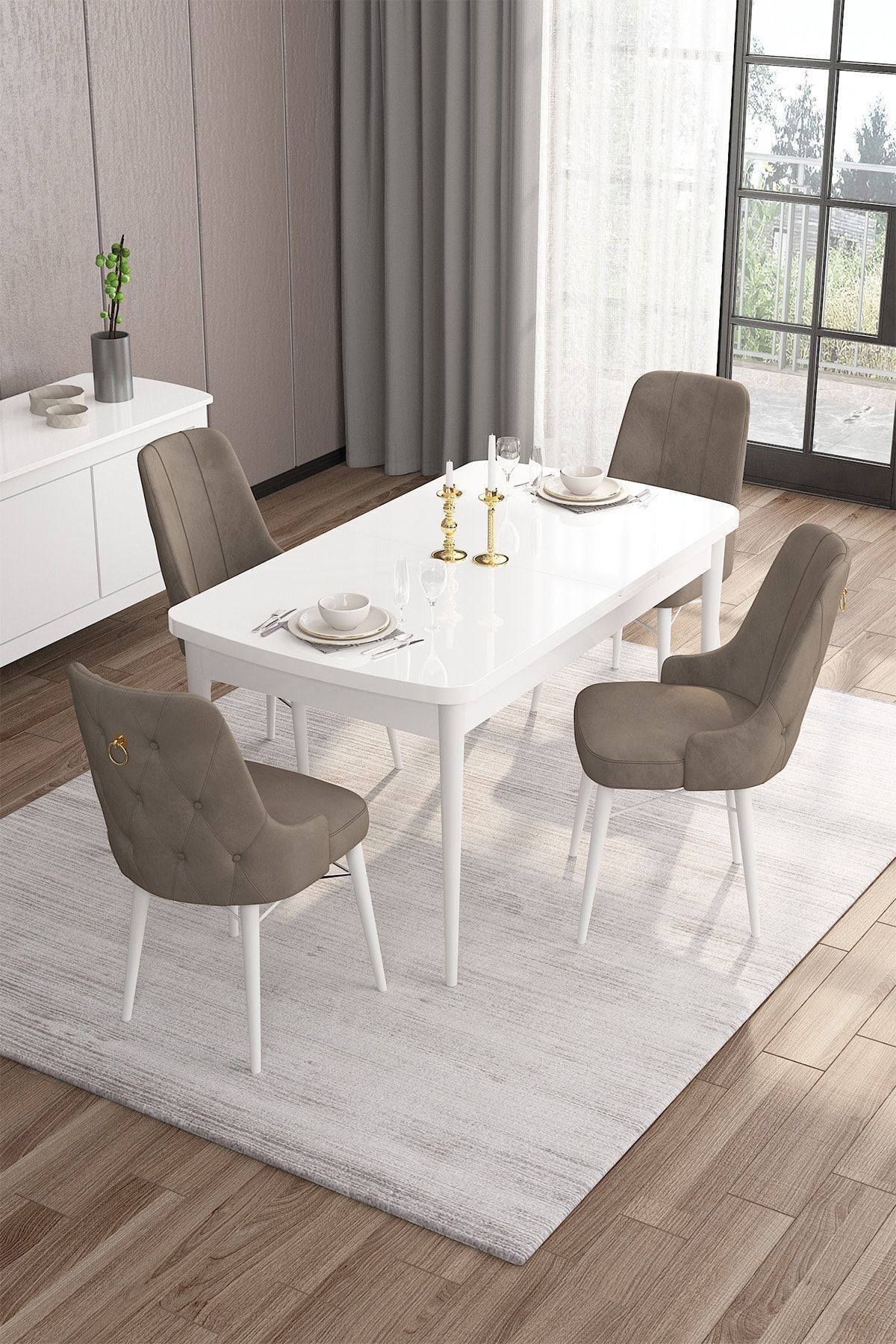 Canisa Concept Are Serisi, 80x132 Açılabilir Mdf Masa, Beyaz Mutfak Masa Takımı 4 Cappucino Sandalye Gold Halkalı