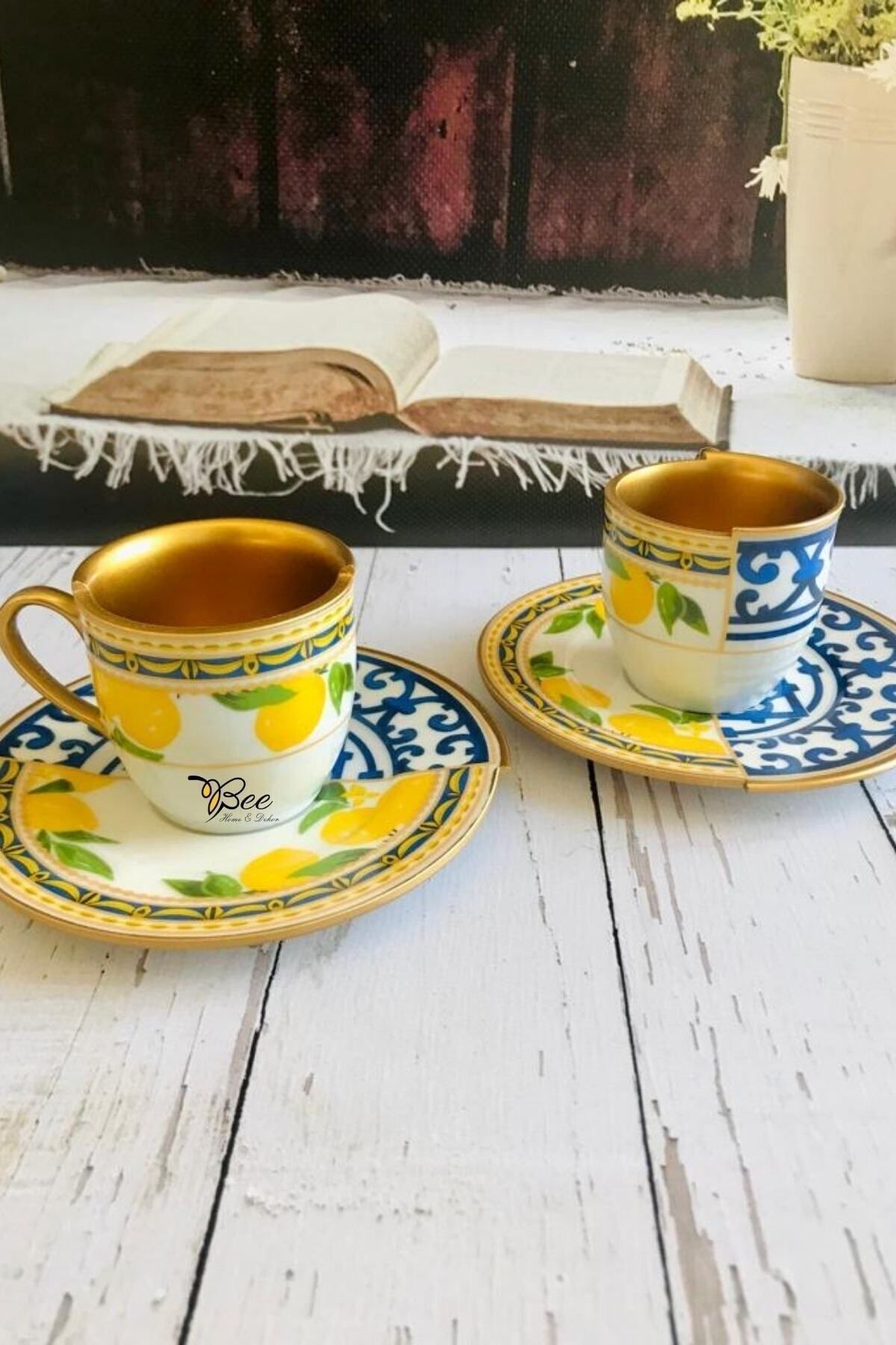 Arı Ev Iki Desenli Çift Desen Limon Serisi 2li Kahve Fincanı