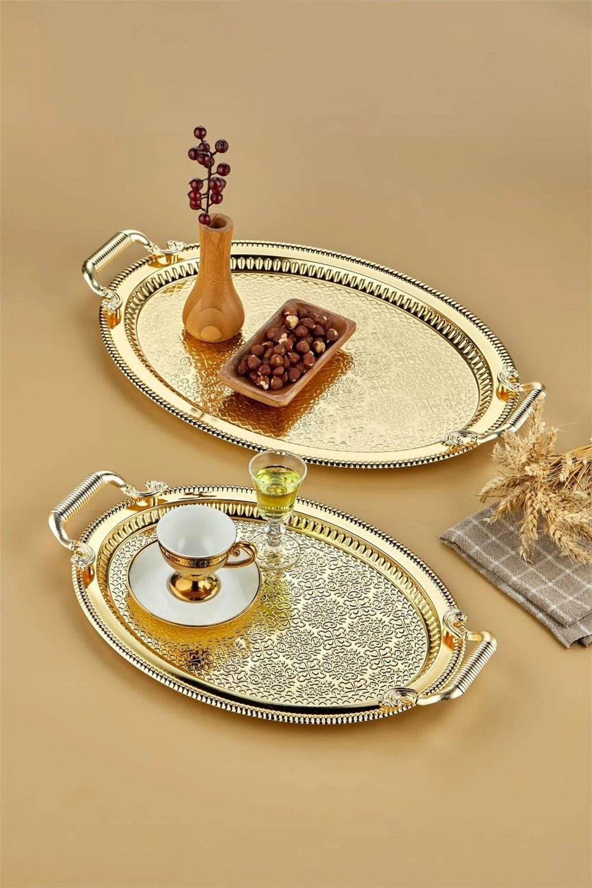 Porsima Oval Gold Kahve Çay Sunumluk Tepsi Takımı - Paslanmaz Çelik 2 li Dekoratif Tepsi Seti