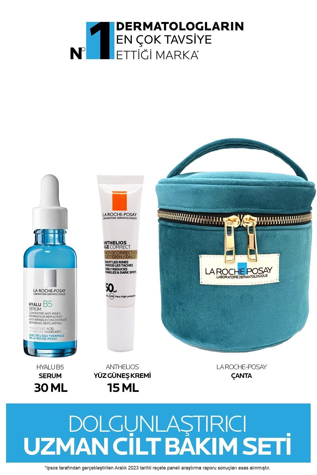 La Roche Posay Dolgunlaştırıcı Uzman Cilt Bakım Seti: Hyalu B5 Serum 30ML&Age Correct Güneş Kremi 15ML&Çanta