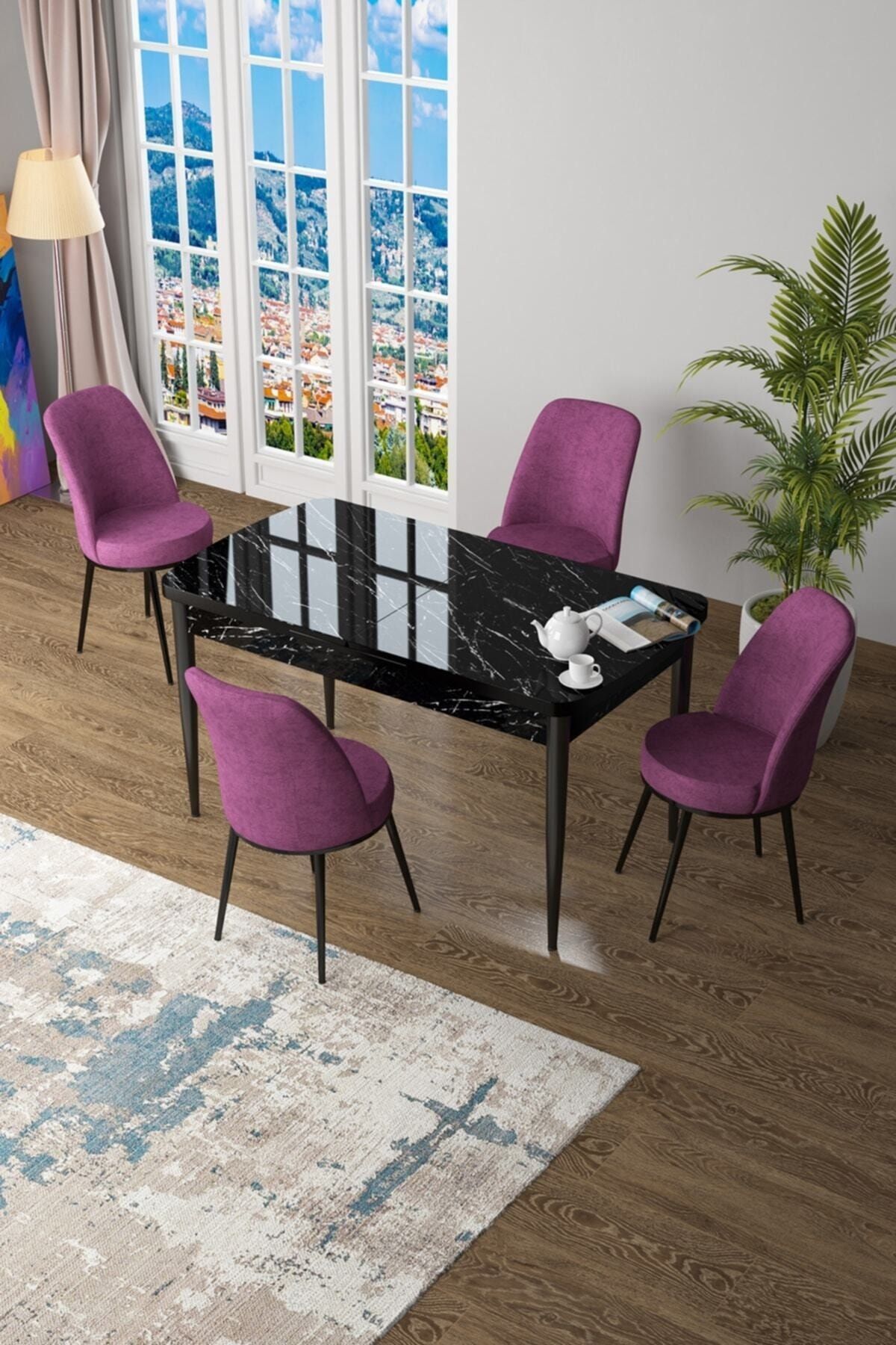 Canisa Concept Zen Serisi Mdf Açılabilir Mutfak Masa Takımı-siyah Masa+ 4 Mor Sandalye