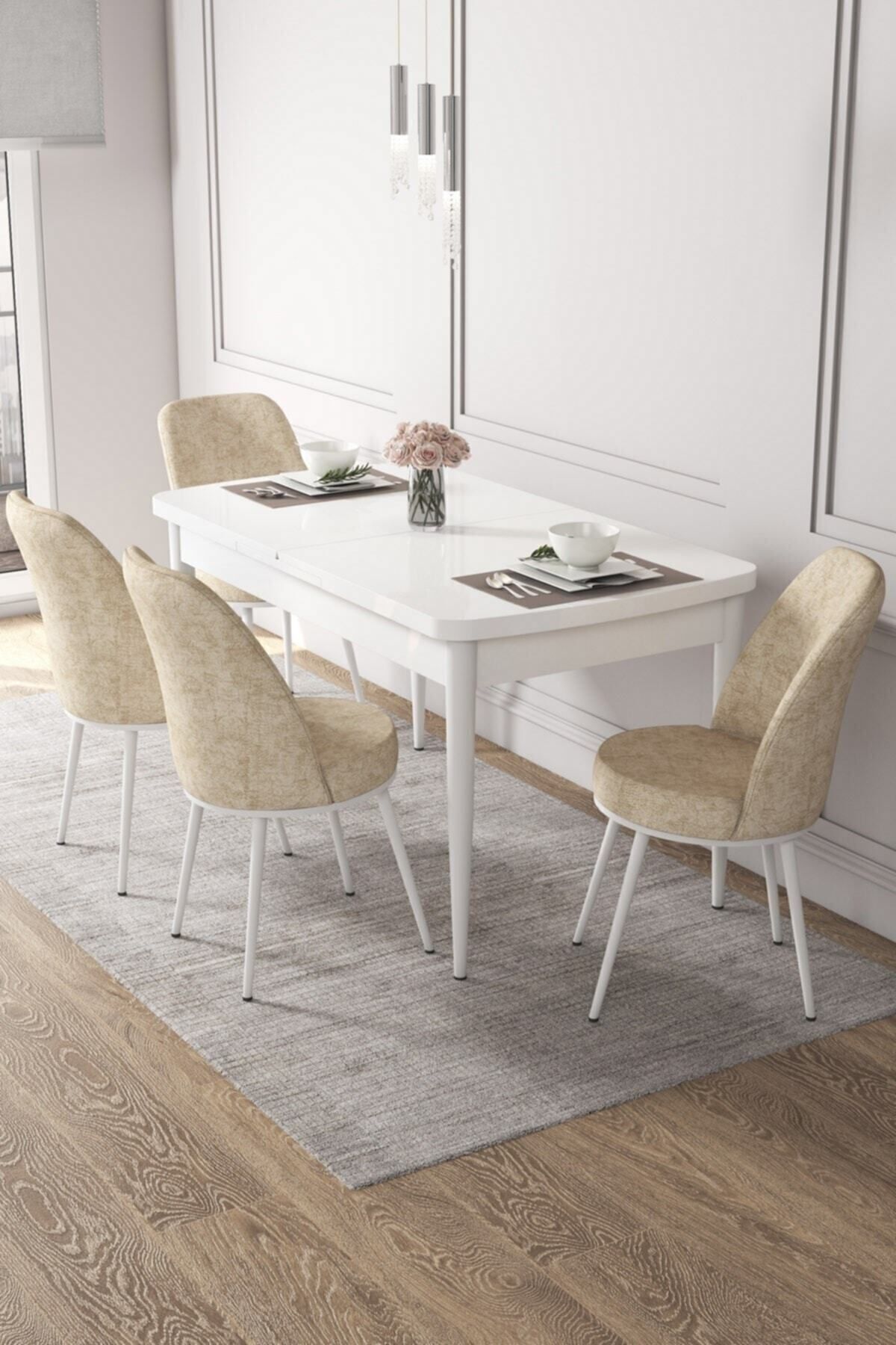 Canisa Concept Kor Serisi 70x114 Açılabilir Mutfak Masa Takımı, Beyaz Masa 4 Krem Sandalye