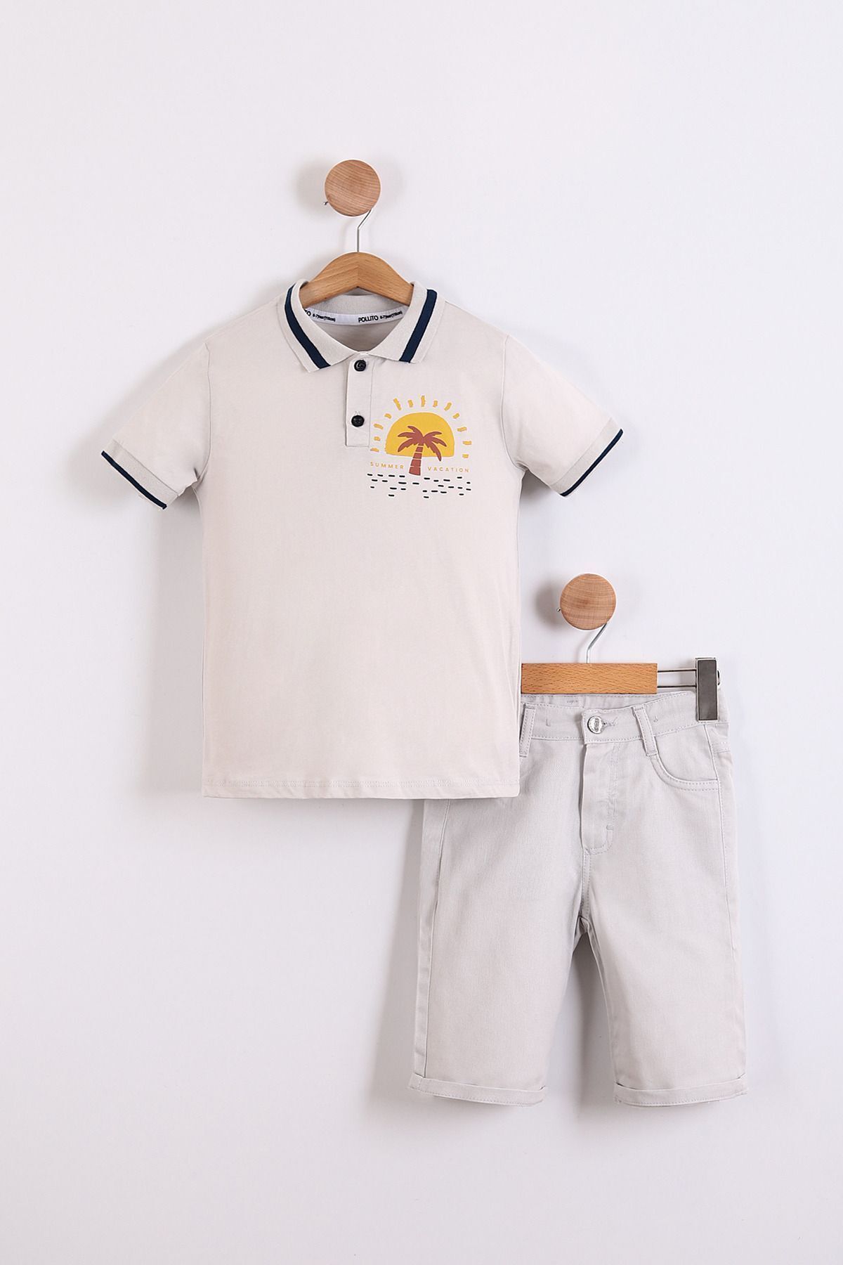 Pollito Erkek Çocuk Sırt Baskılı Taş Rengi Polo Yaka Tişört Pamuklu Şort 2'li Takım