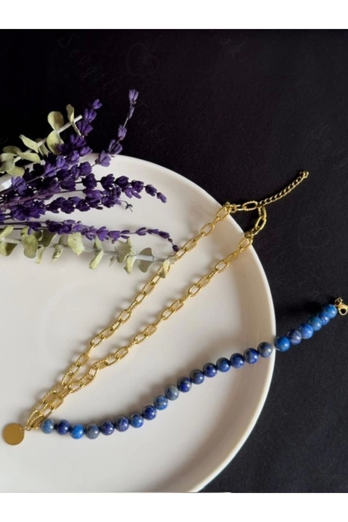 SEVGİLİ TAKI Lapis Lazuli Doğal Taş Kabartma Zincirli Gold Çelik Kolye | Sevgili Takı Koleksiyonu