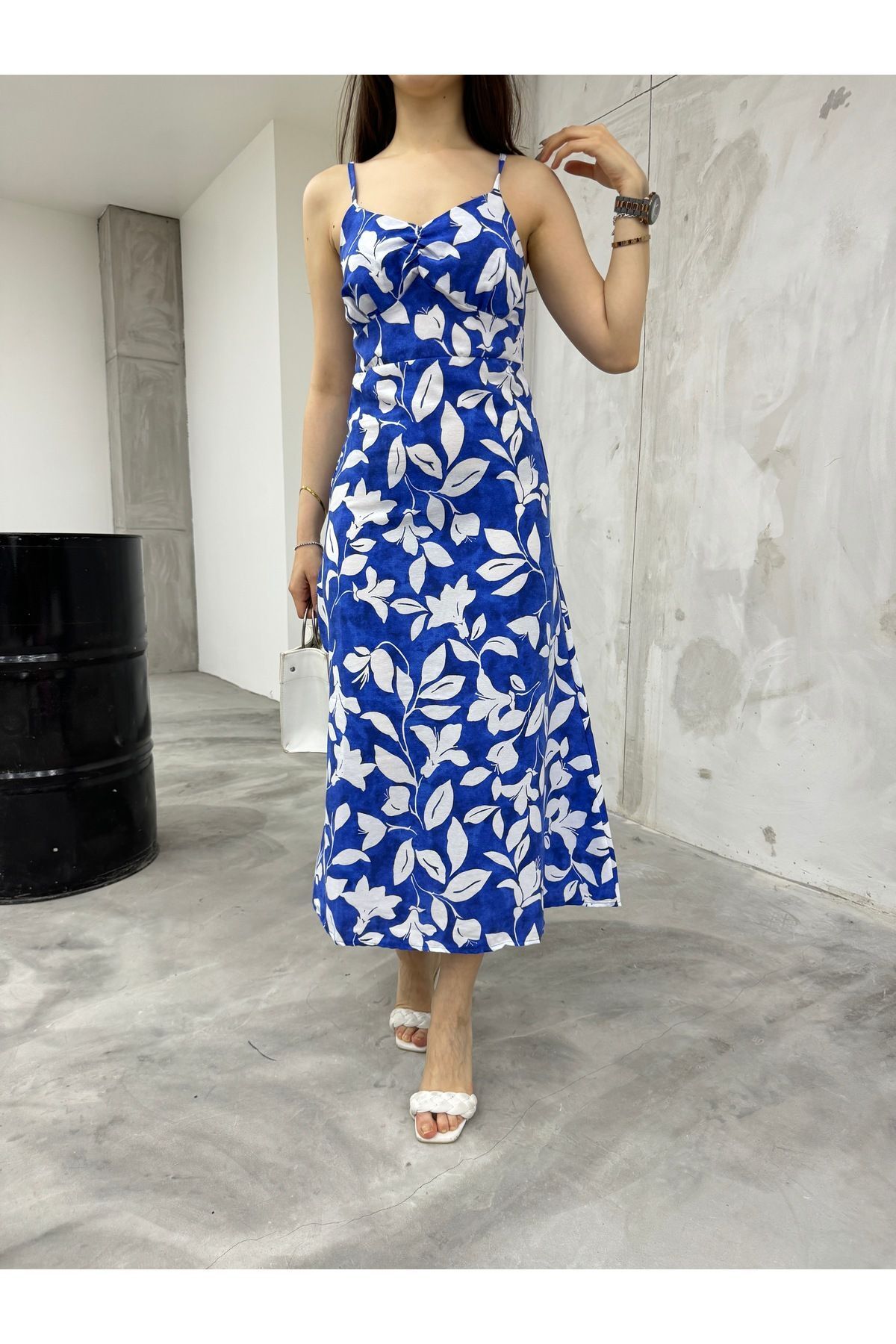 BİKELİFE Kadın Mavi İp Askılı Büzgü Detaylı Yazlık Elbise