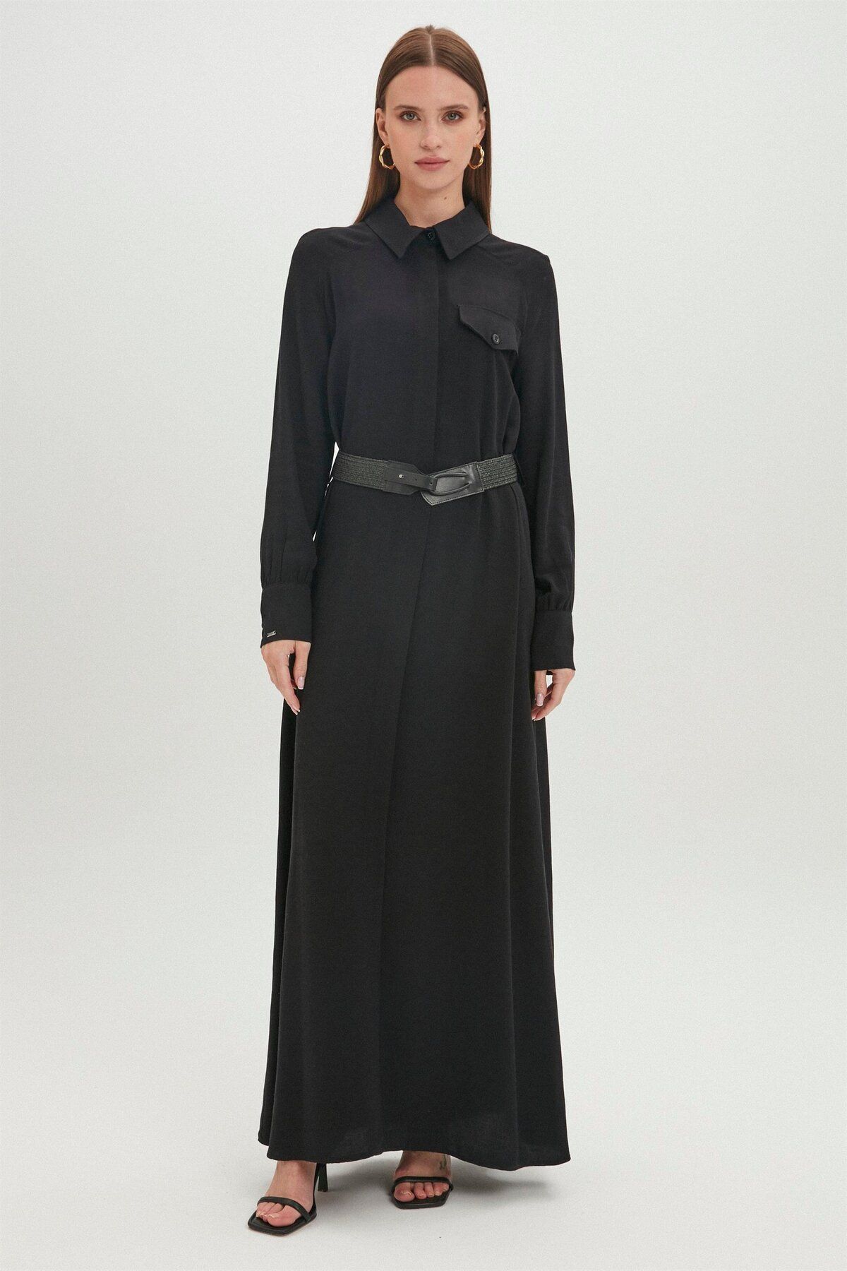 Zühre Gömlek Yaka Kemer Detaylı Uzun Siyah Elbise E-0358
