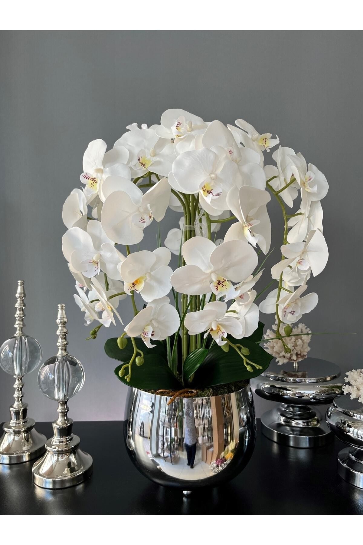 LİLOTEHOME 5 Dal Luxury Islak Beyaz Orkide Aranjman Japon Model Gümüş Renk Saksı