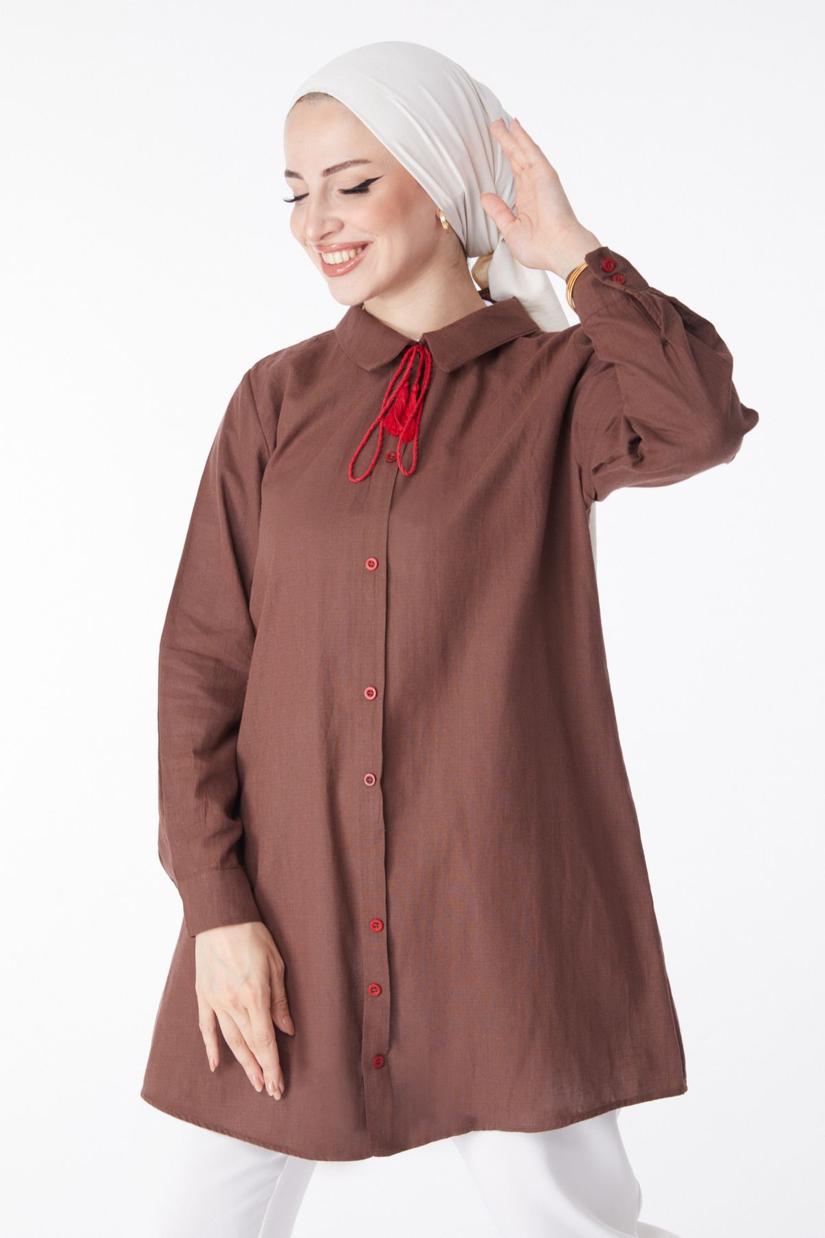 TOFİSA Düz Gömlek Yaka Kadın Kahverengi Püskül Detaylı Tunik - 13159