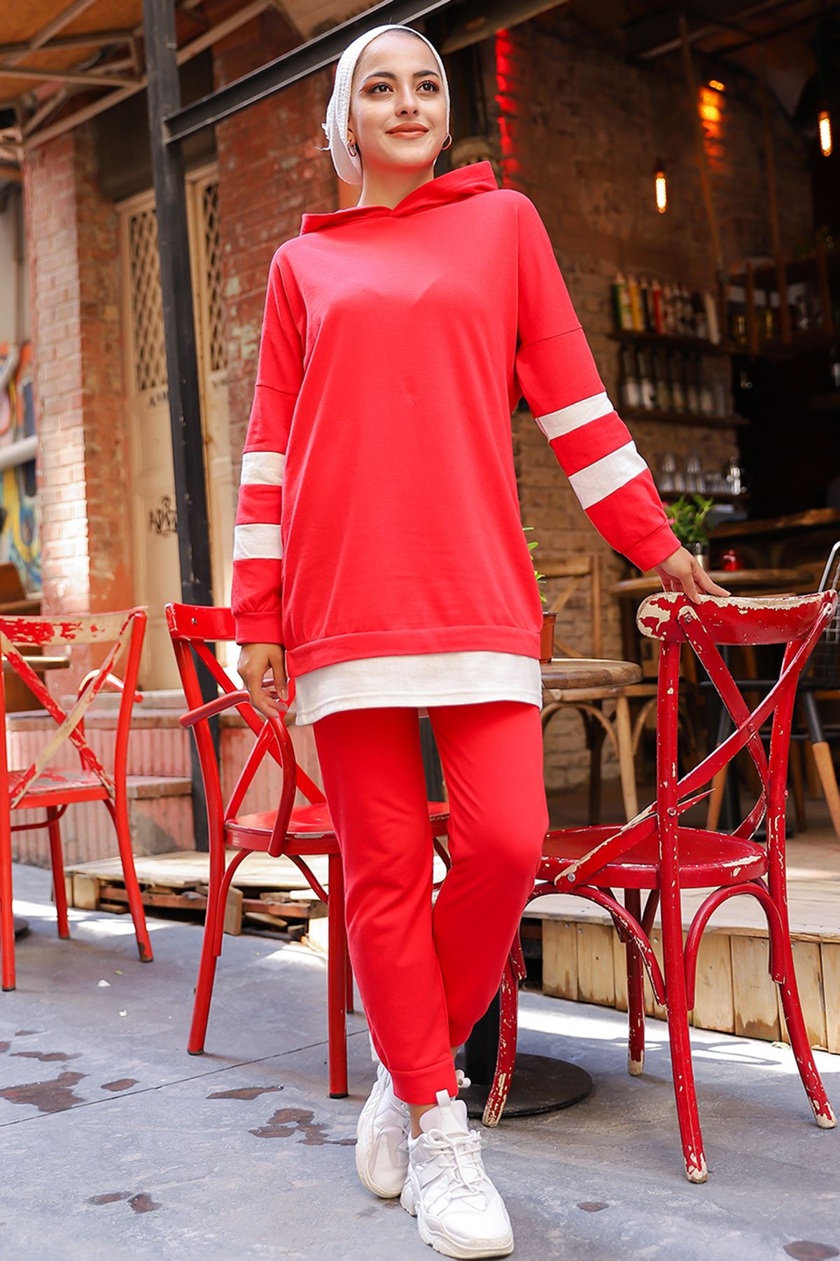 TOFİSA Düz Kapsonlu Yaka Kadın Kırmızı Tunik Pantolon - 3024