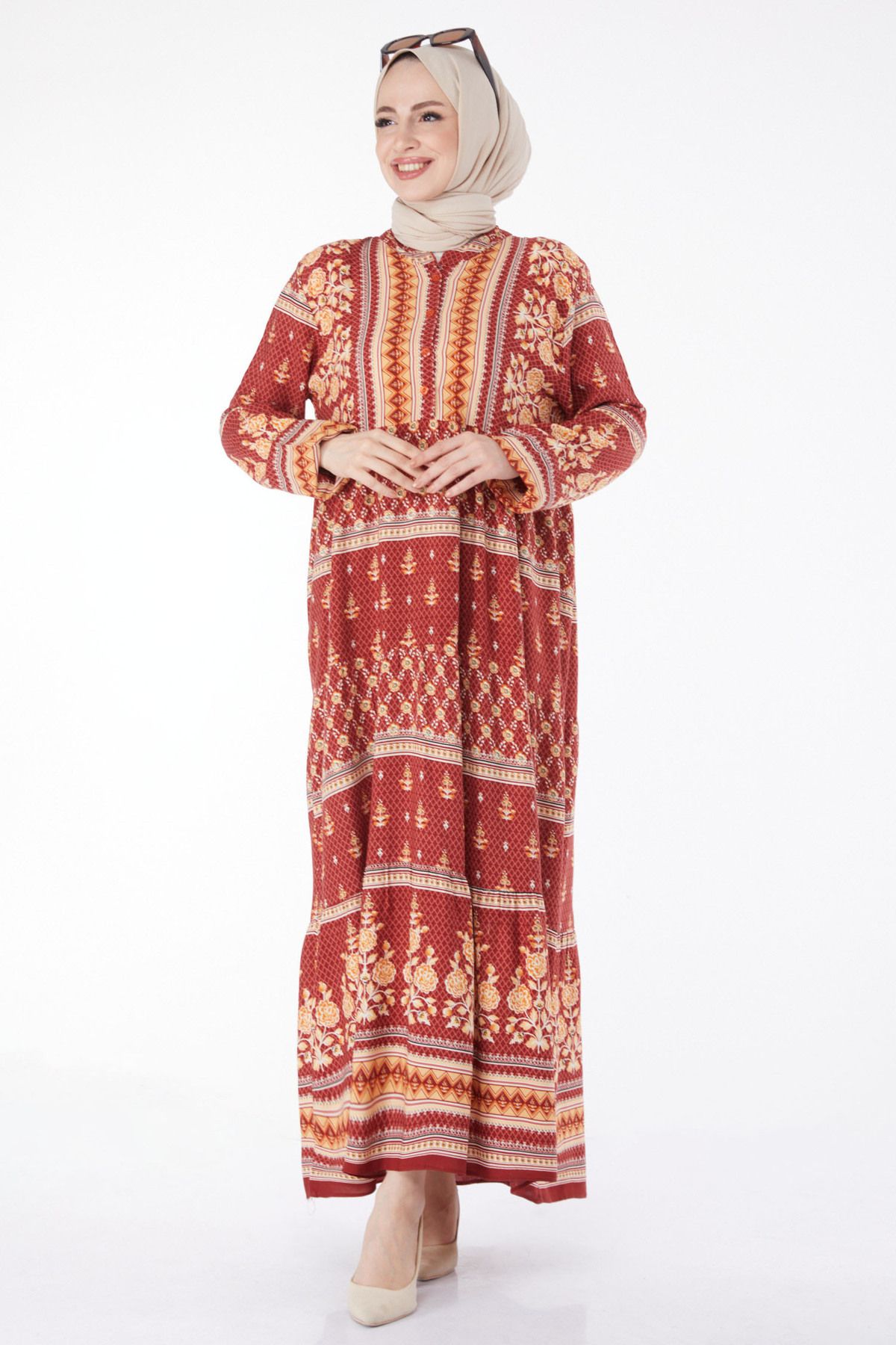 TOFİSA Düz Hakim Yaka Kadın Kiremit Desenli Renkli Elbise - 24995