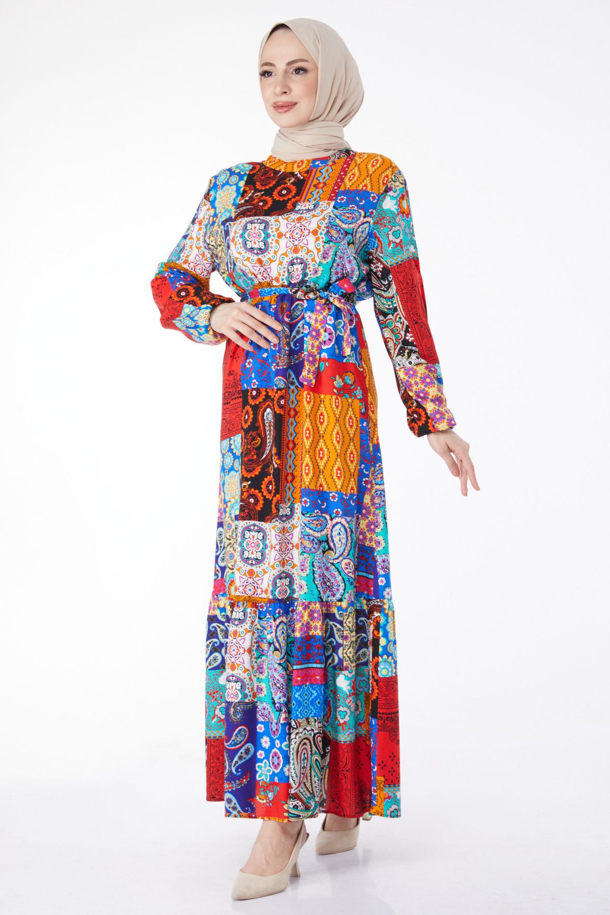 TOFİSA Düz Hakim Yaka Kadın Sarı Desenli Renkli Elbise - 24994