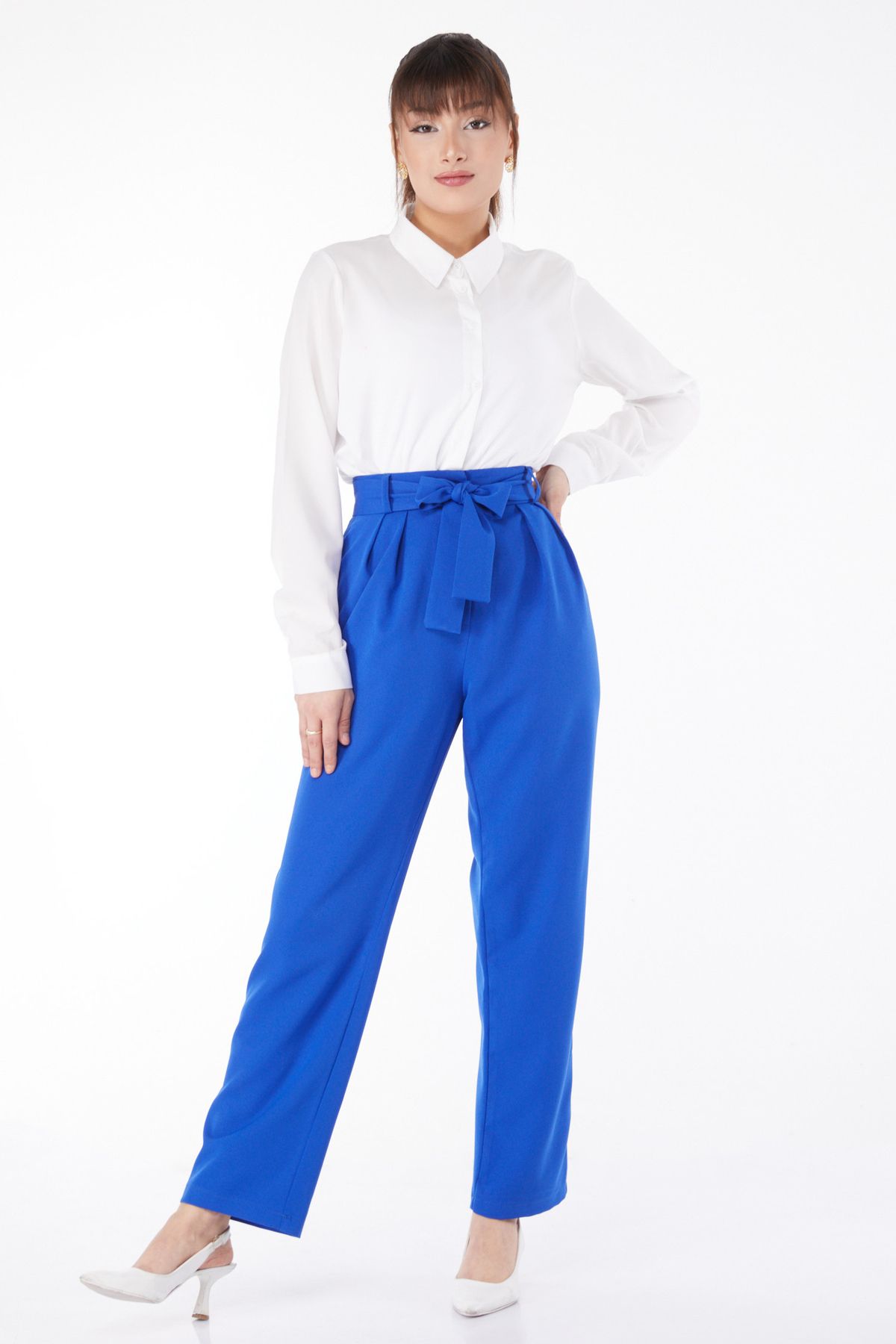 TOFİSA Düz Orta Kadın Mavi Klasik Kuşaklı Pantolon - 25035