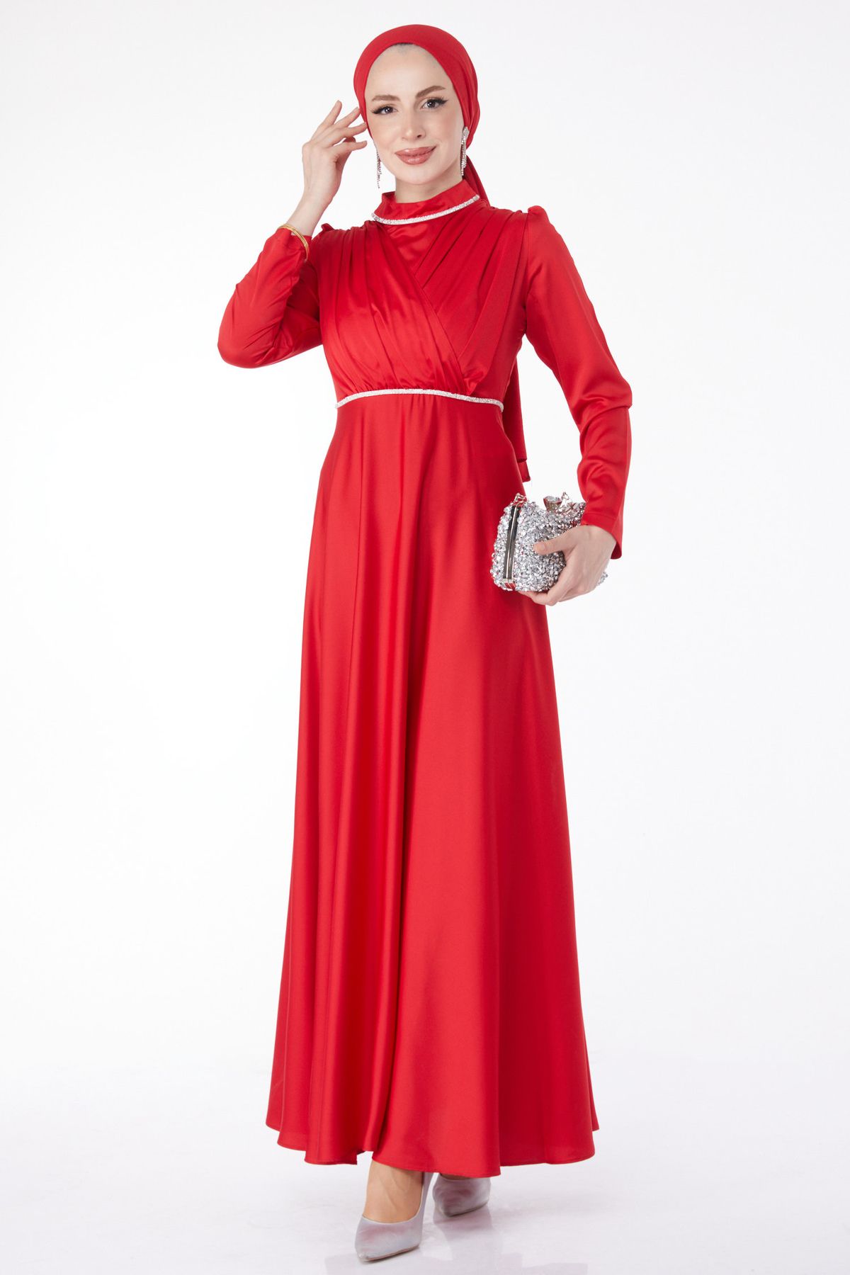 TOFİSA Düz Hakim Yaka Kadın Kırmızı Pile Detaylı Abiye Elbise - 24900