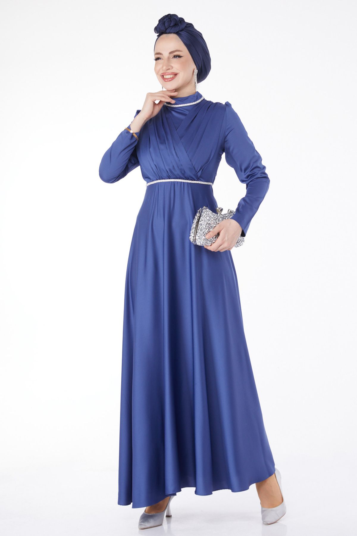 TOFİSA Düz Hakim Yaka Kadın Mavi Pile Detaylı Abiye Elbise - 24900
