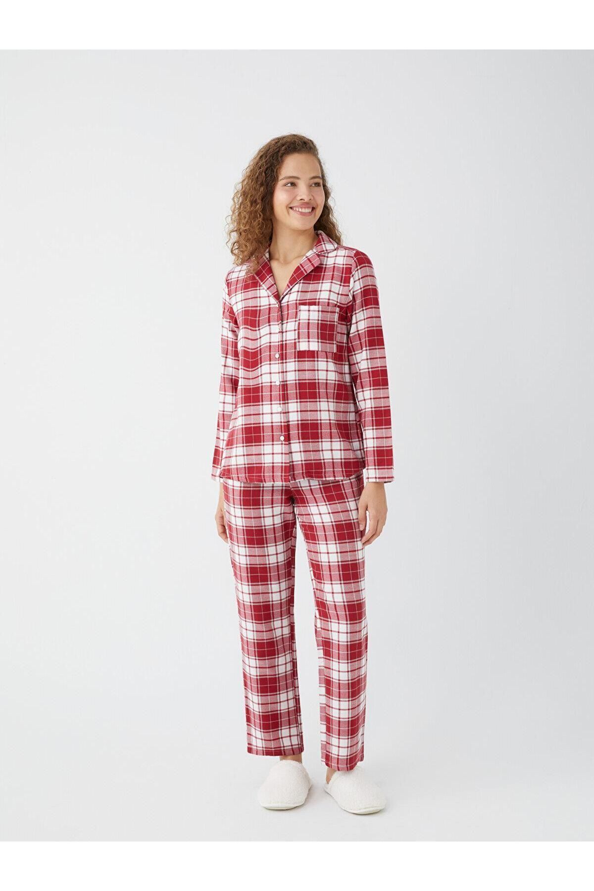 LC Waikiki LCW DREAM Gömlek Yaka Ekose Uzun Kollu Kadın Pijama Takımı