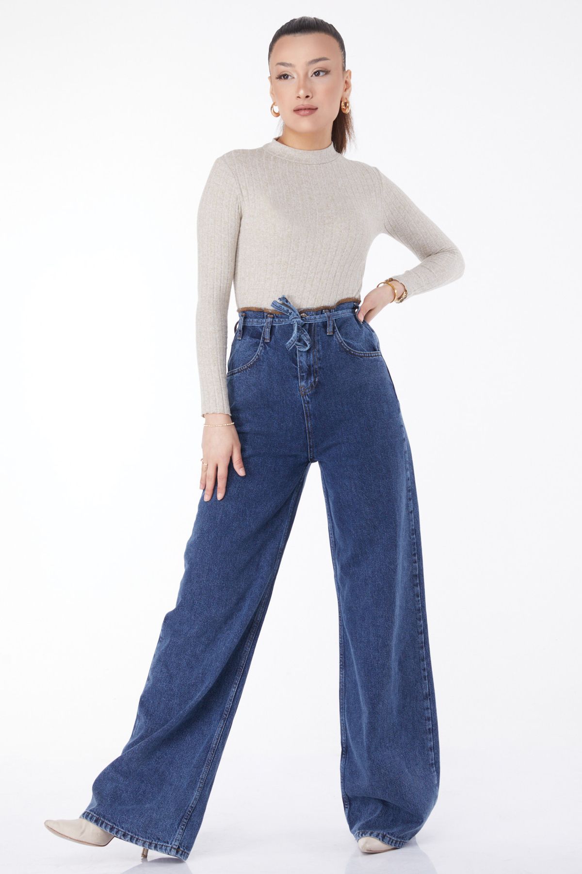 TOFİSA Düz Orta Kadın Mavi Bol Kot Pantolon - 25028