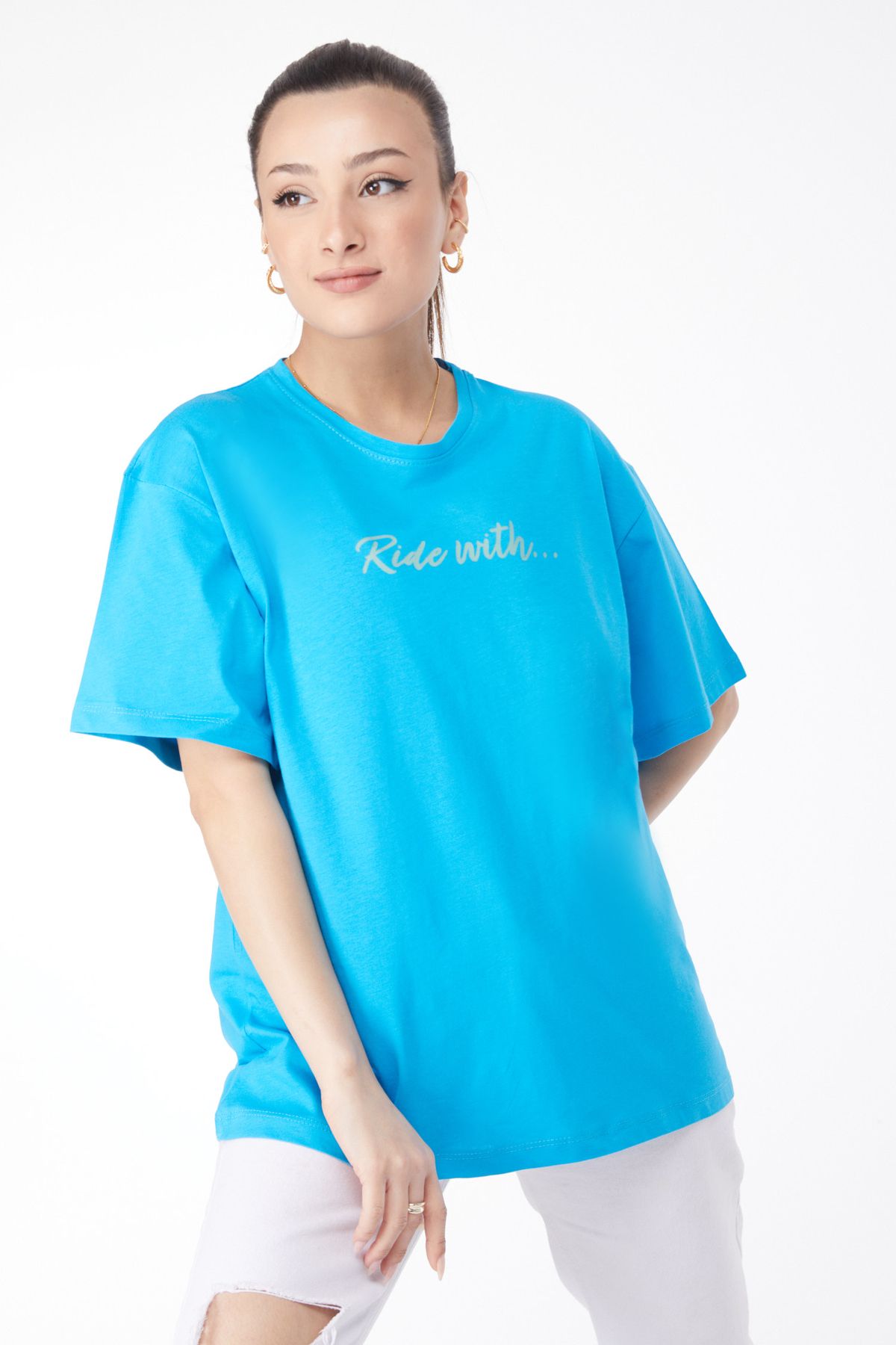 TOFİSA Düz Bisiklet Yaka Kadın Mavi Kısa Kollu Baskılı T-shirt - 24651