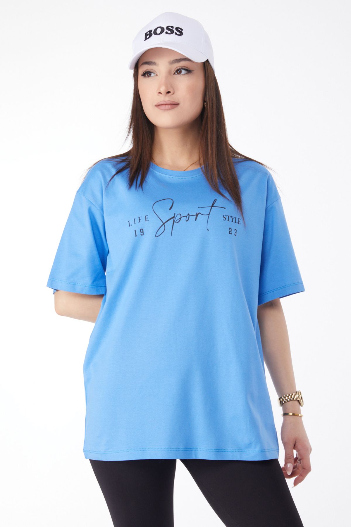 TOFİSA Düz Bisiklet Yaka Kadın Mavi Kısa Kollu Baskılı T-shirt - 24649